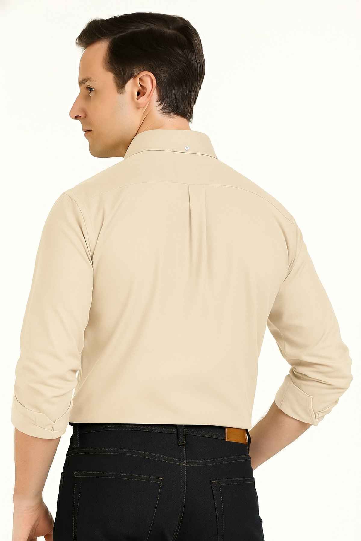 Hancock Men's Slim Fit Solid Button-Down Collar Pure Cotton Casual Shirt | Beige - 38