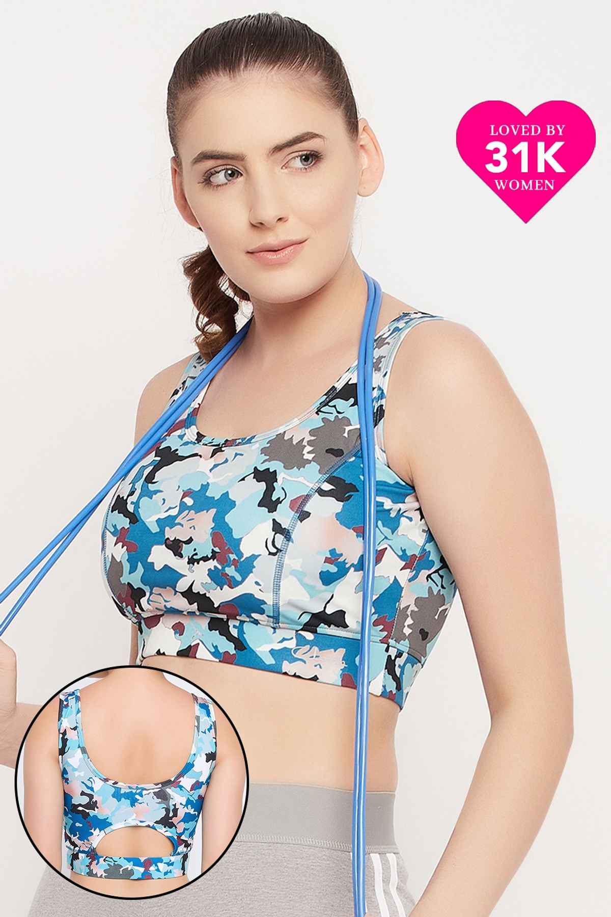 Clovia Medium Impact Padded Camouflage Print Sports Bra | Blue | L