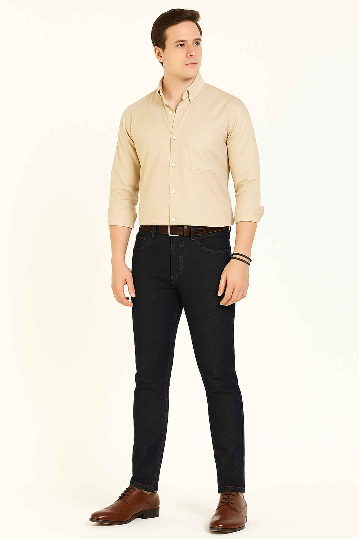 Hancock Men's Slim Fit Solid Button-Down Collar Pure Cotton Casual Shirt | Beige - 38