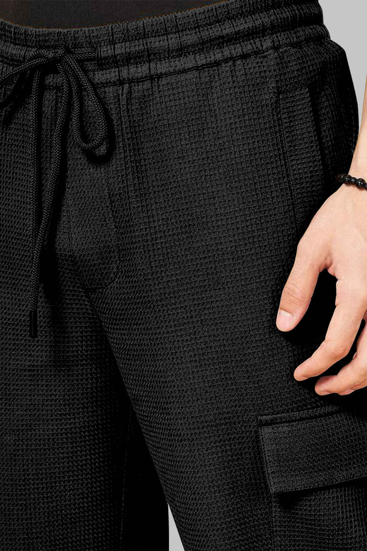 FTX Men Solid Regular Fit Drawstring Multipocket Polyester Cargo | Black - 2XL