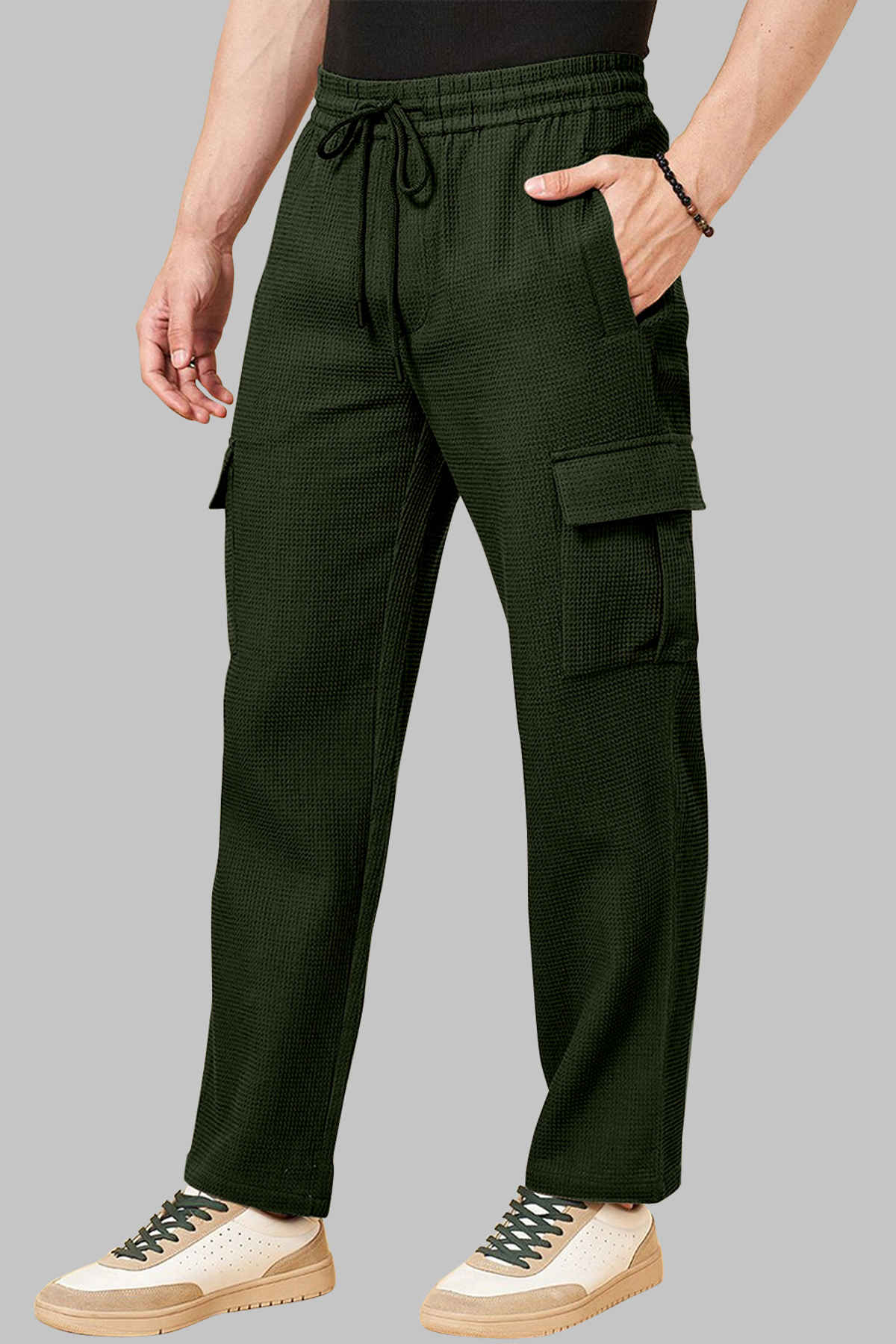 FTX Men Solid Regular Fit Drawstring Multipocket Polyester Cargo | Olive - XL