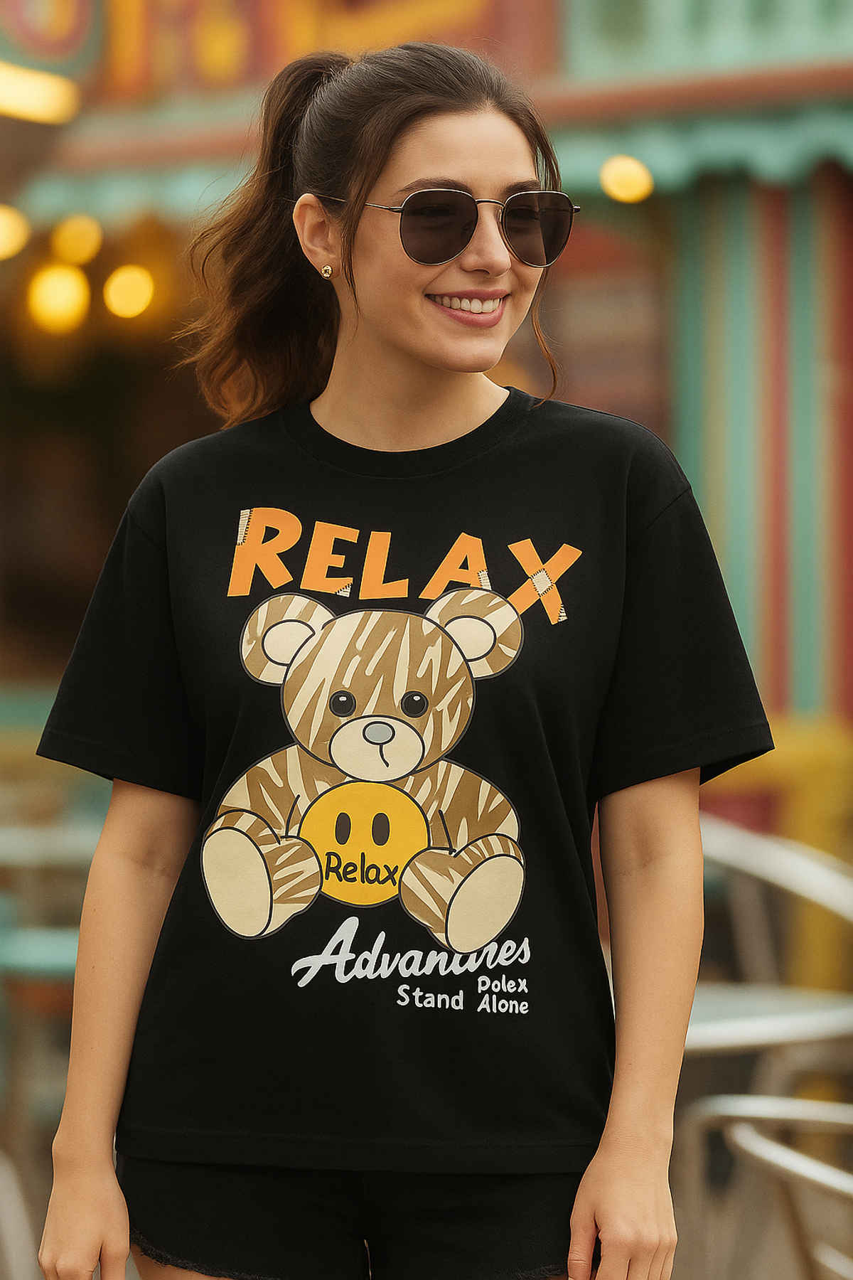 Fabflee Women's Oversize Cotton Printed Round Neck Tshirt | Black | NEX-OS-520 | L