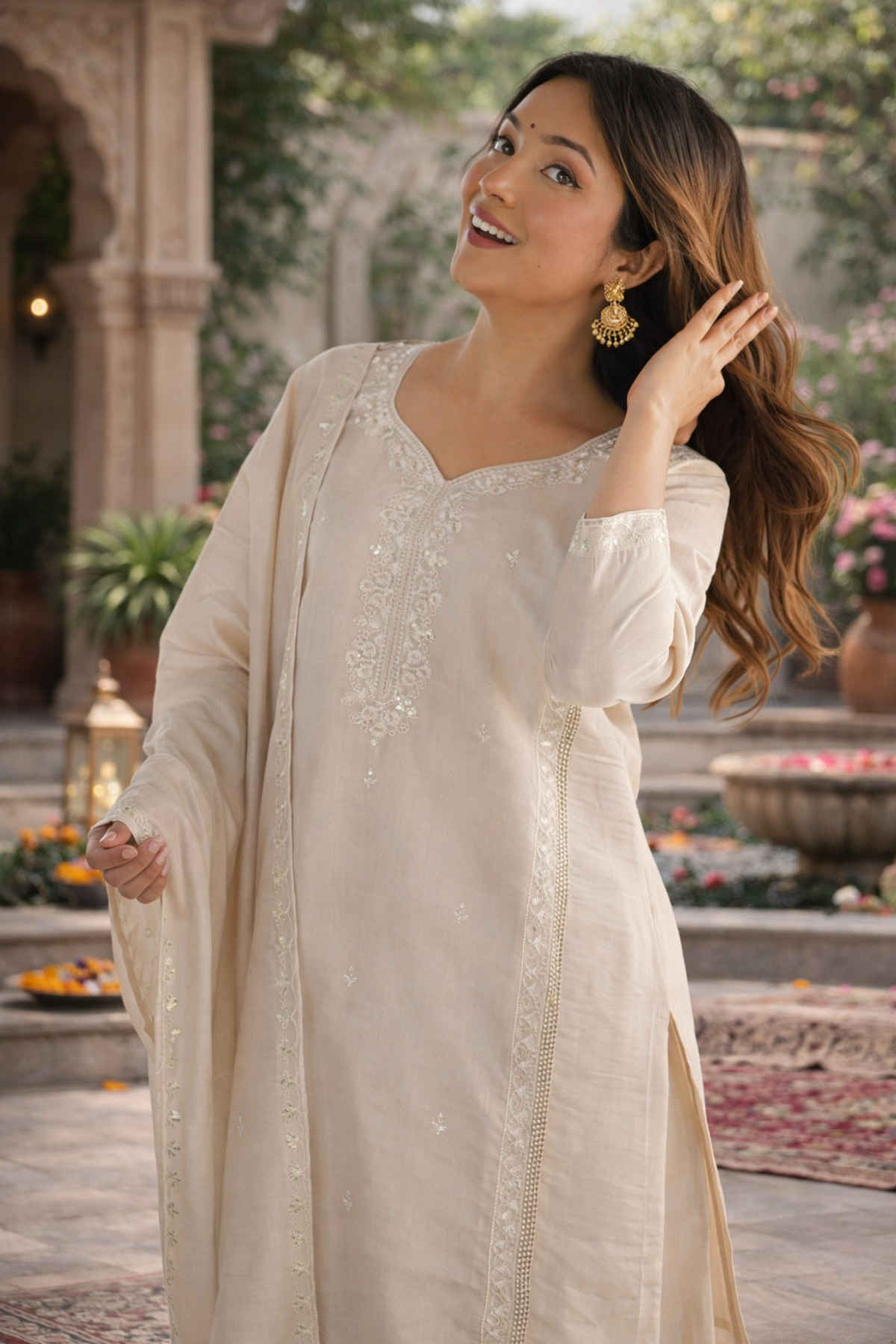 Sheetal Associates Ethnic Kurta Set with Pants and Dupatta for Women's | Kurta 155 | Off White | S