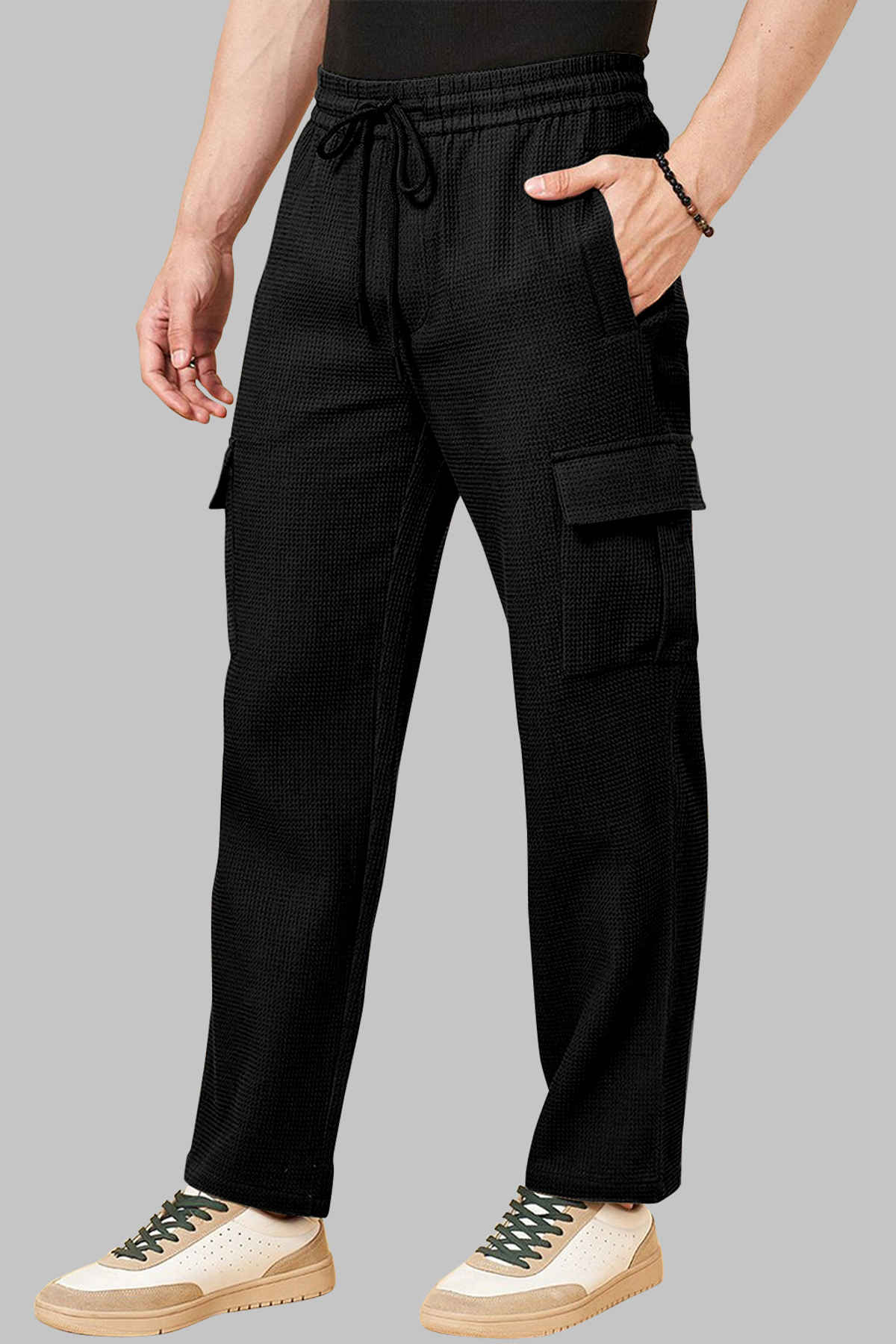 FTX Men Solid Regular Fit Drawstring Multipocket Polyester Cargo | Black - 2XL