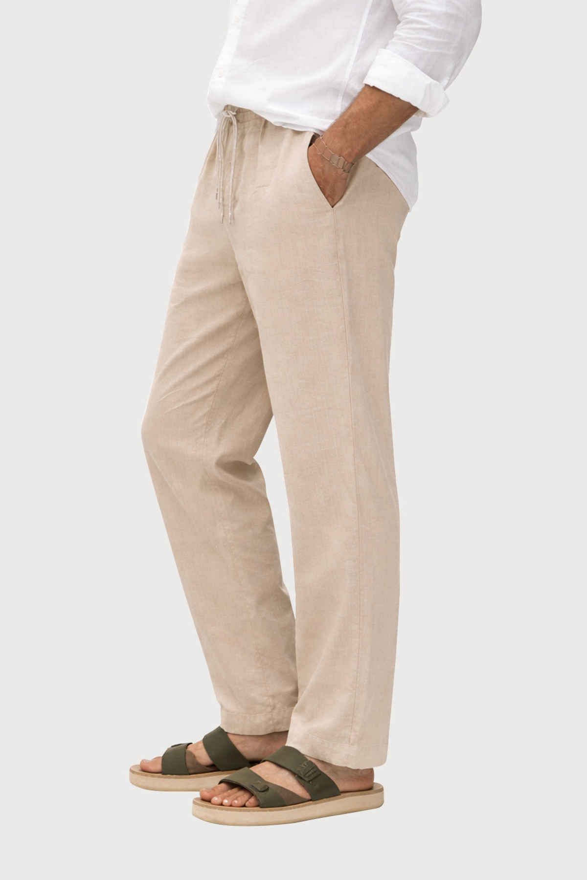 FTX Men's Solid Tapered Fit Cotton Linen Trouser | Dark Beige - 34