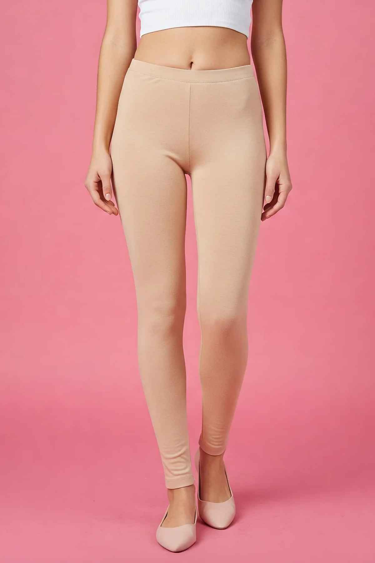 Juneberry Women's Solid Cotton Lycra Ankle Length Leggings | Beige - L