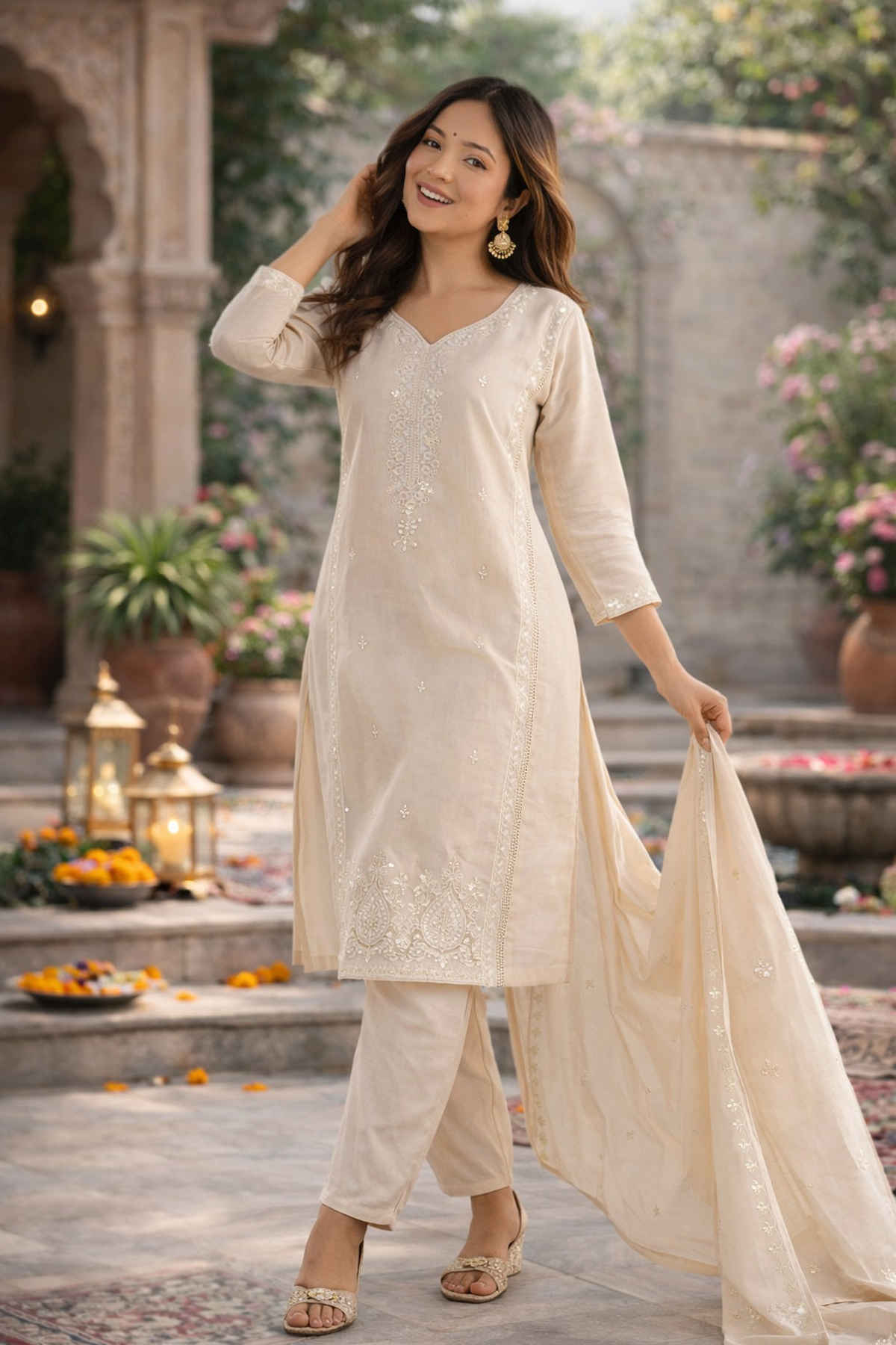 Sheetal Associates Ethnic Kurta Set with Pants and Dupatta for Women's | Kurta 155 | Off White | S