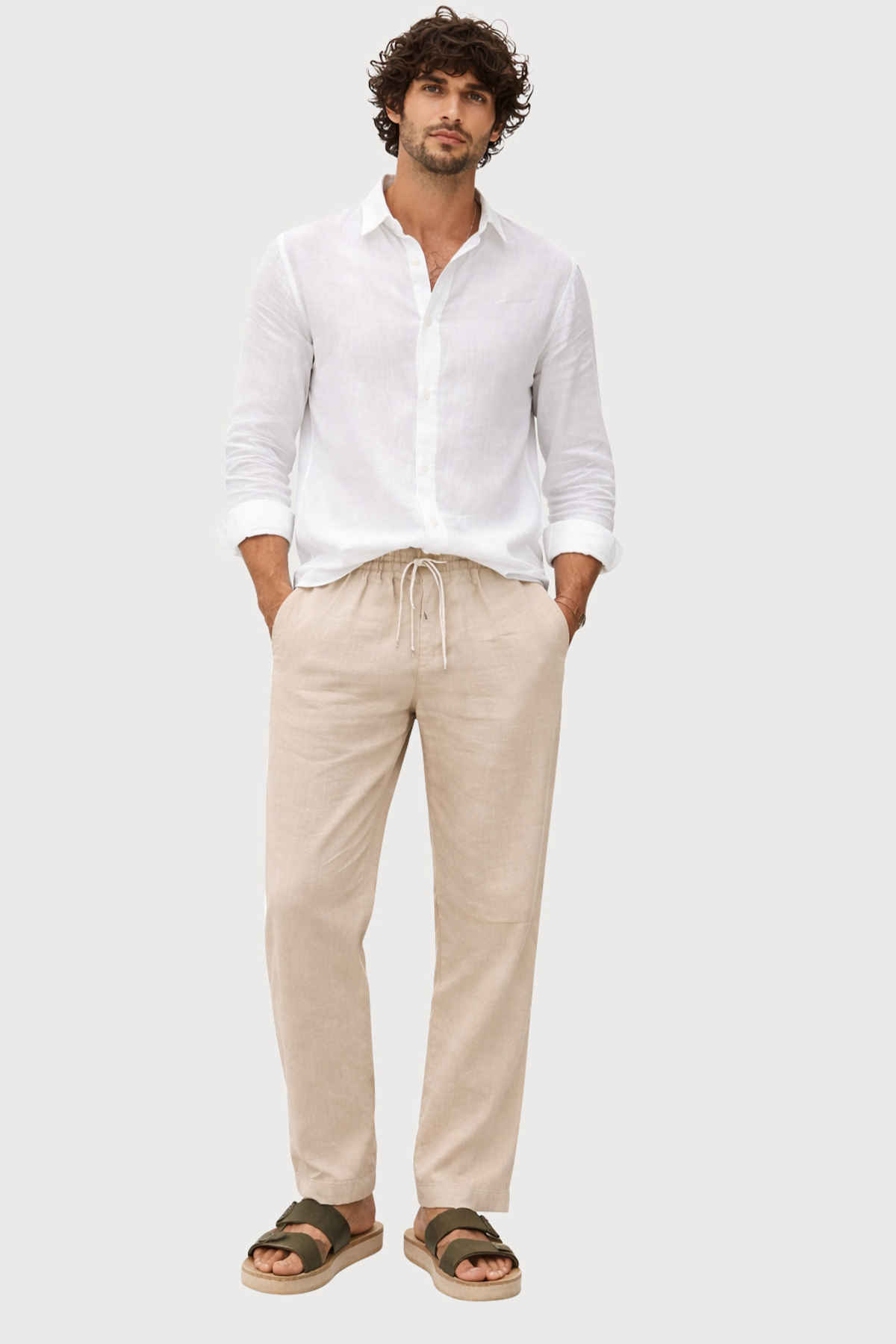 FTX Men's Solid Tapered Fit Cotton Linen Trouser | Dark Beige - 34