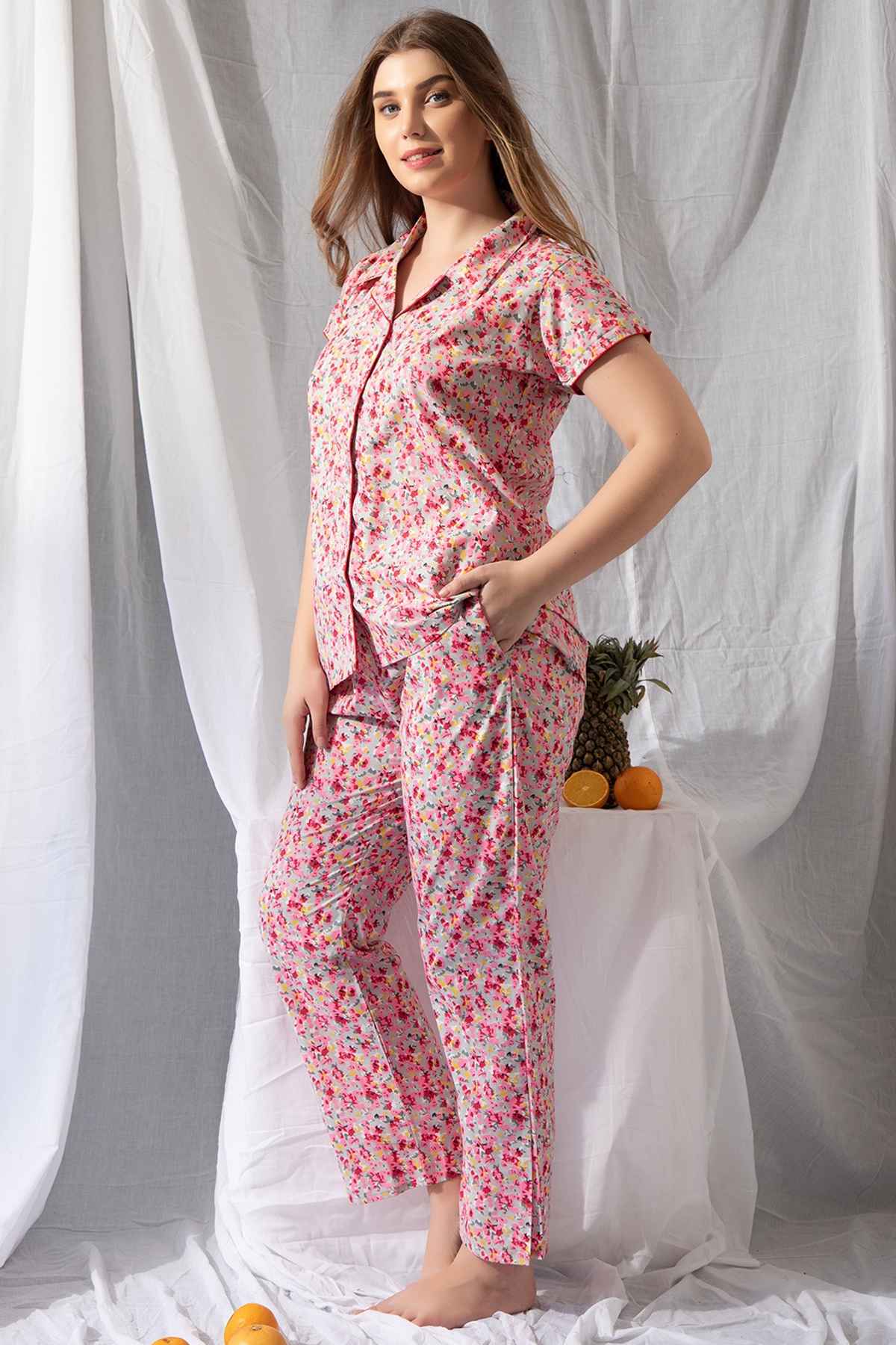 Clovia Print Me Pretty Button Down Shirt & Pyjama Set - Cotton Rich | Pink | XXL