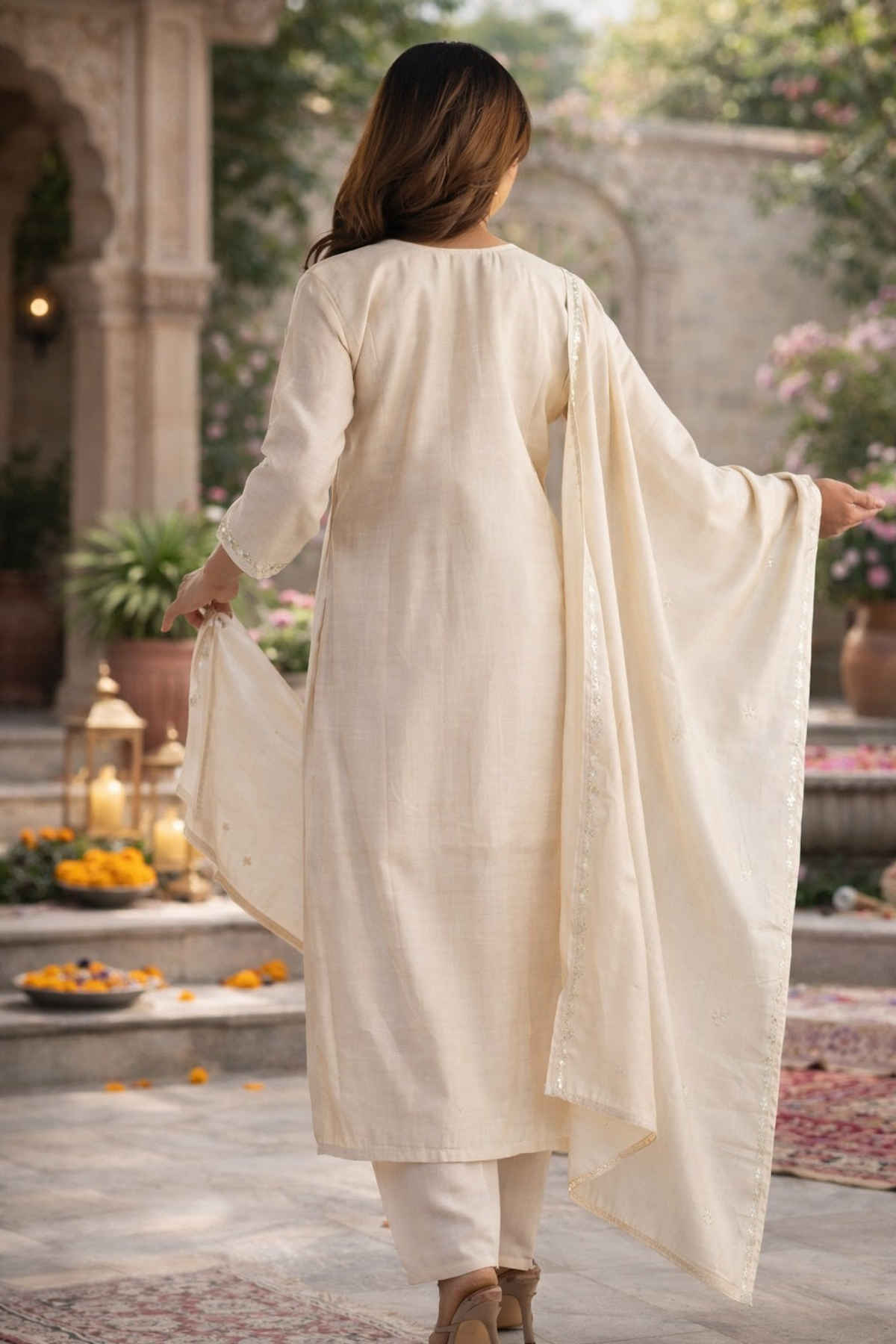 Sheetal Associates Ethnic Kurta Set with Pants and Dupatta for Women's | Kurta 155 | Off White | S