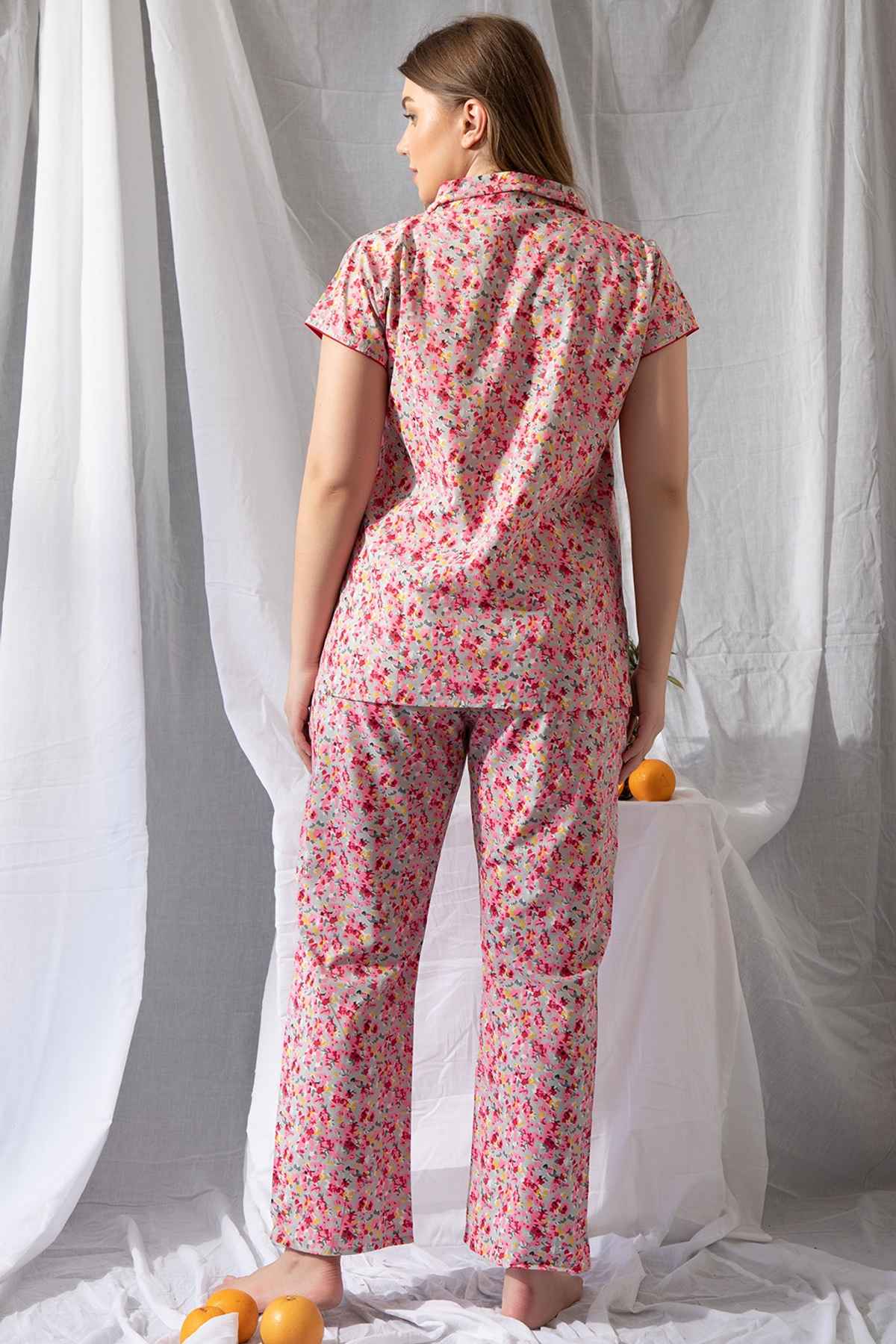 Clovia Print Me Pretty Button Down Shirt & Pyjama Set - Cotton Rich | Pink | XXL
