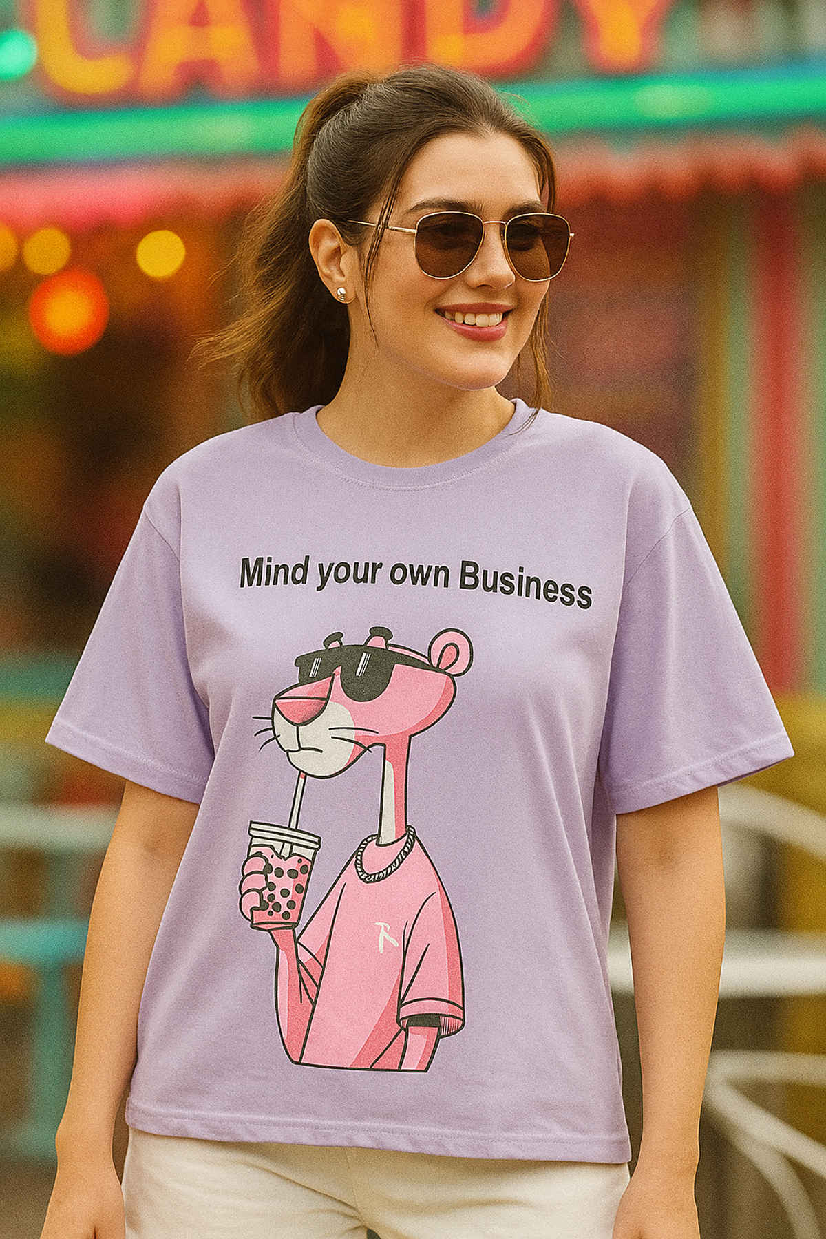Fabflee Women's Oversize Cotton Printed Round Neck Tshirt | Purple | NEX-OS-517 | S