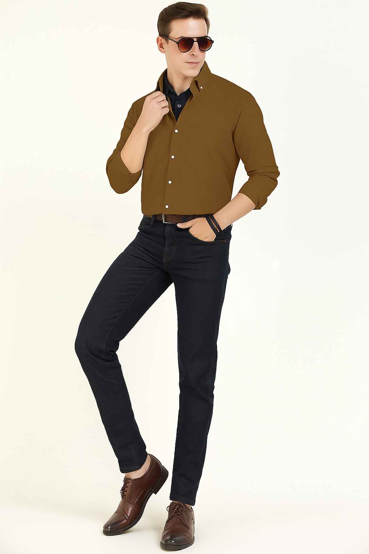 Hancock Men's Slim Fit Solid Button-Down Collar Pure Cotton Casual Shirt | Camel Brown - 42