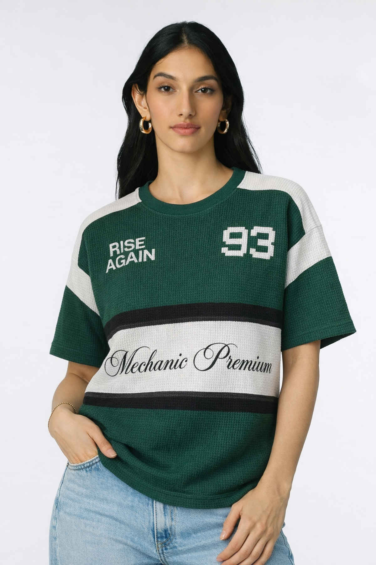 Try This Women's HF Sleeve Block Print Round Neck Tshirt | Green & White | M