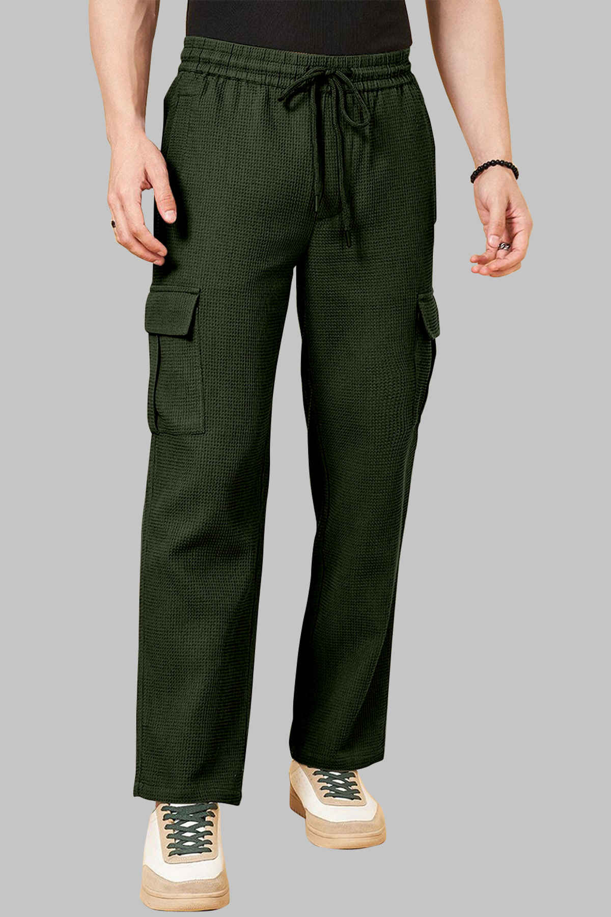 FTX Men Solid Regular Fit Drawstring Multipocket Polyester Cargo | Olive - M