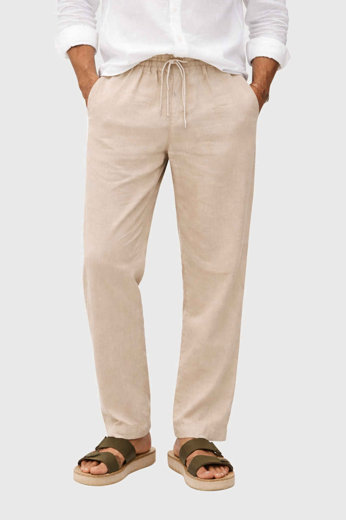 FTX Men's Solid Tapered Fit Cotton Linen Trouser | Dark Beige - 34