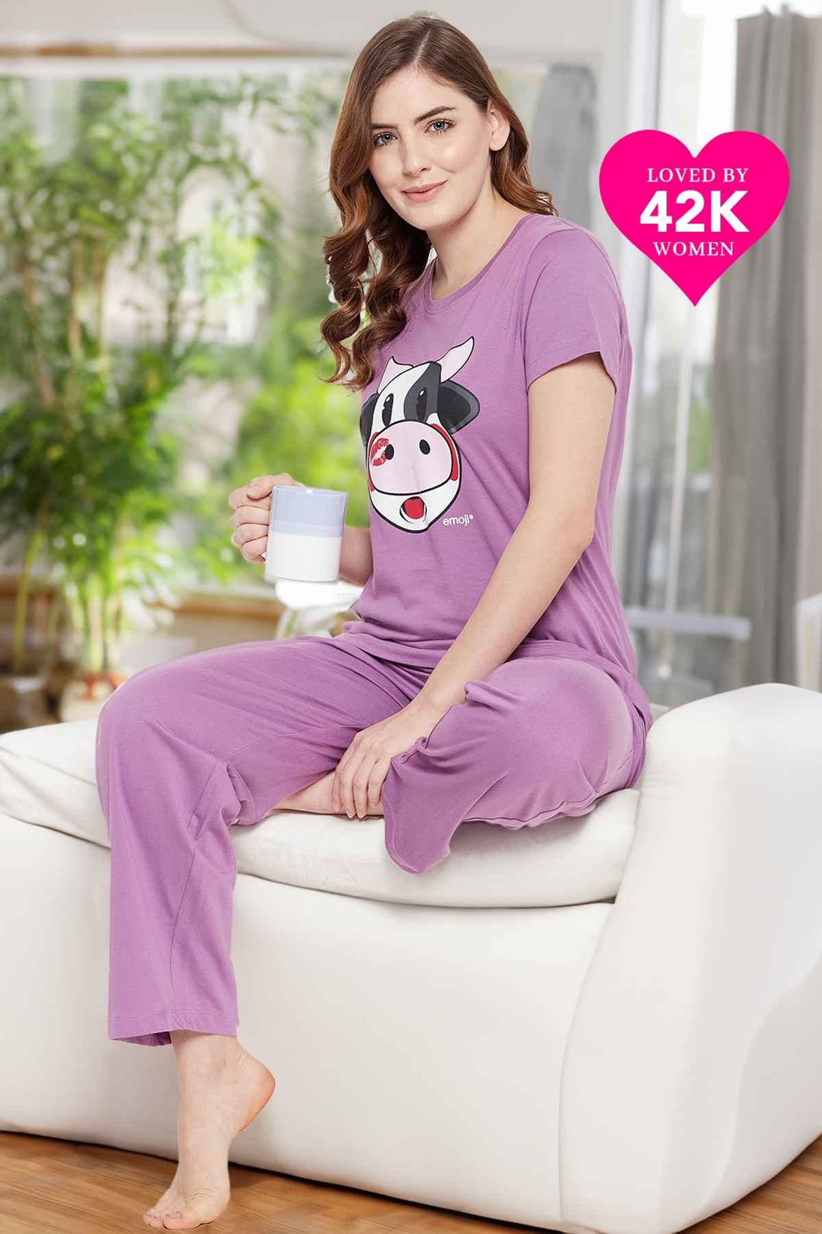 Clovia Cow Emoji Print Top & Solid Pyjama Set - 100% Cotton(Purple - L)