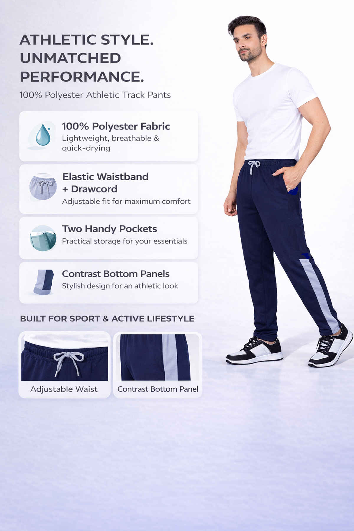 GCYX Men's Track Pant | 90% Poly 10% Cotton Comfortable Wear | Pop Cut N Sew | Navy Blue - L
