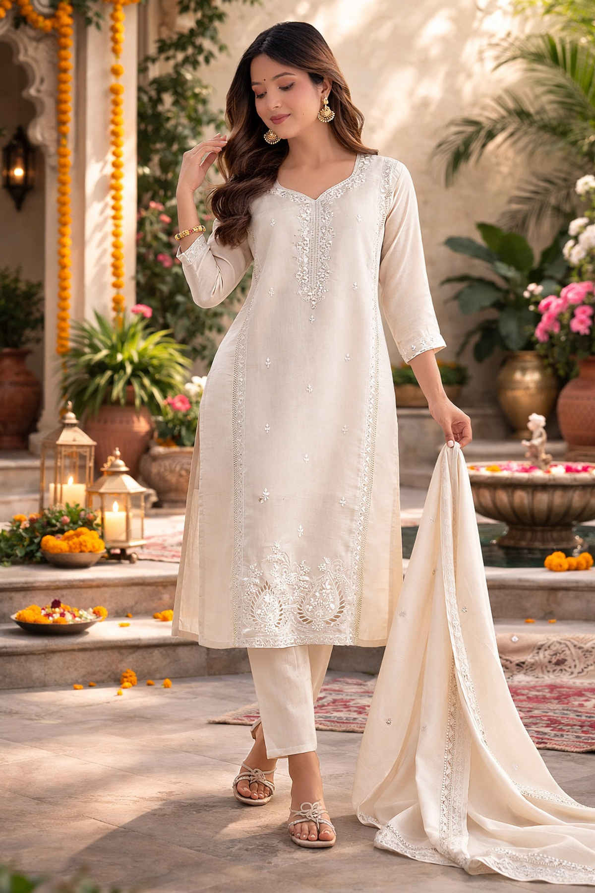 Sheetal Associates Ethnic Kurta Set with Pants and Dupatta for Women's | Kurta 155 | Off White | S