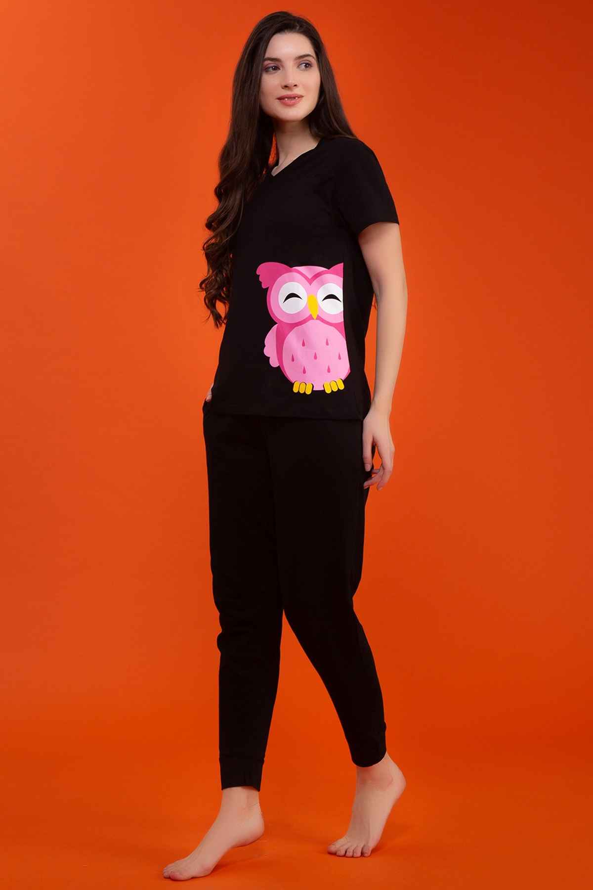 Clovia Owl Print Top & Pyjama - 100% Cotton | Black | XL