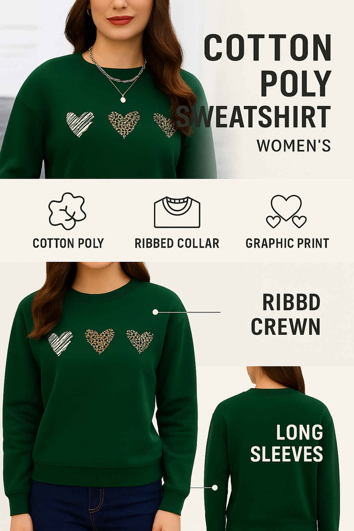 GCYX Women's 3 HEART Sweatshirt | Green - L