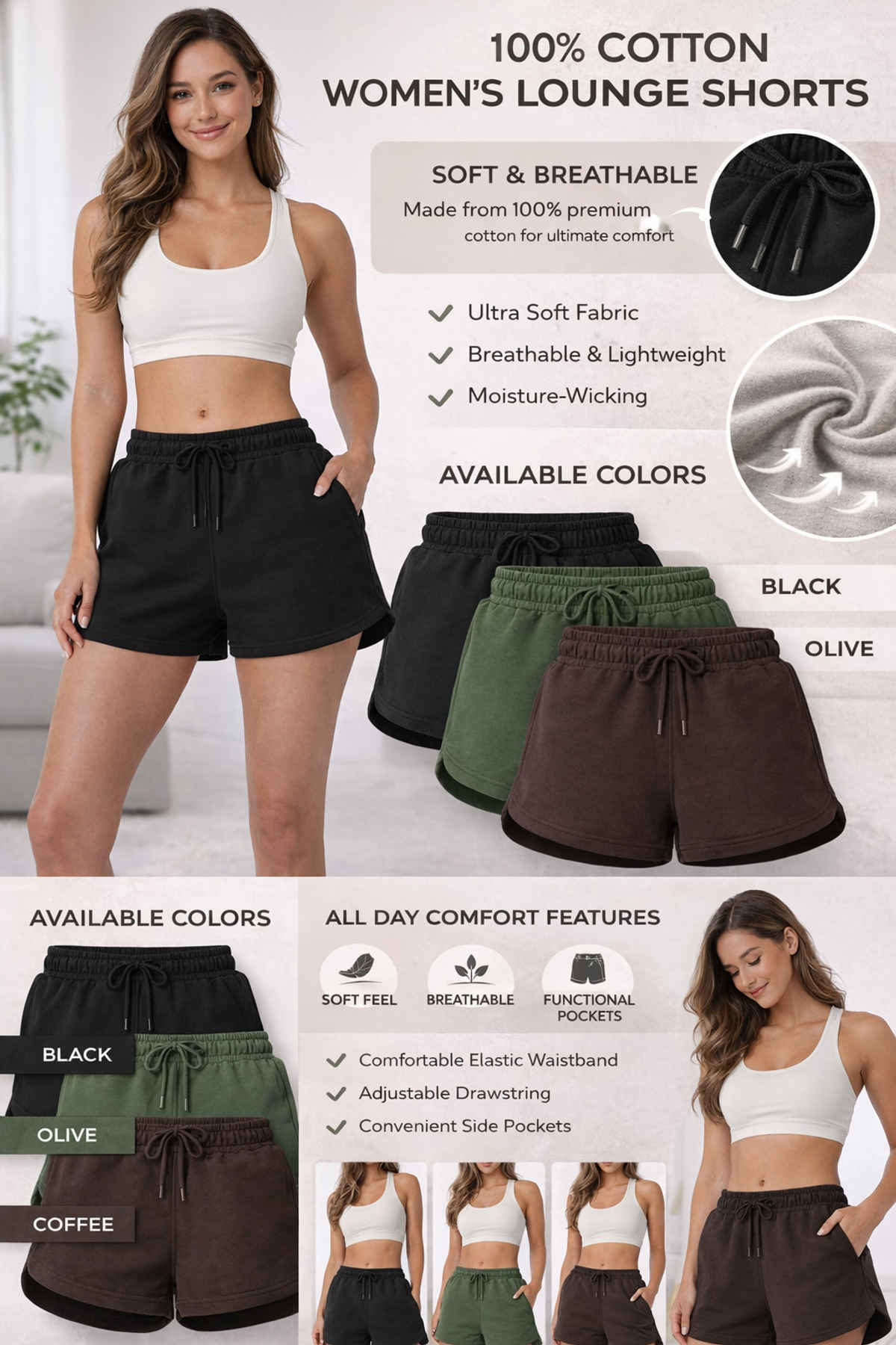 Gcyx Women'S Easy Fit Shorts | 100% Cotton Easyfit | Olive - L