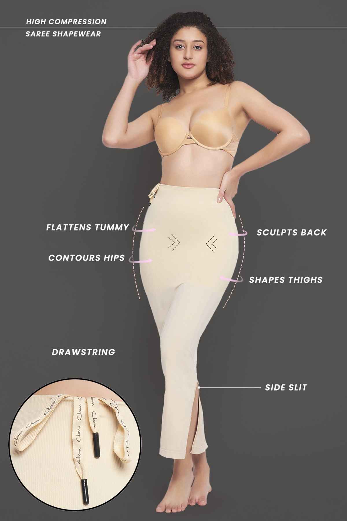 Clovia Saree Shapewear Petticoat With Drawstring (Beige - S)