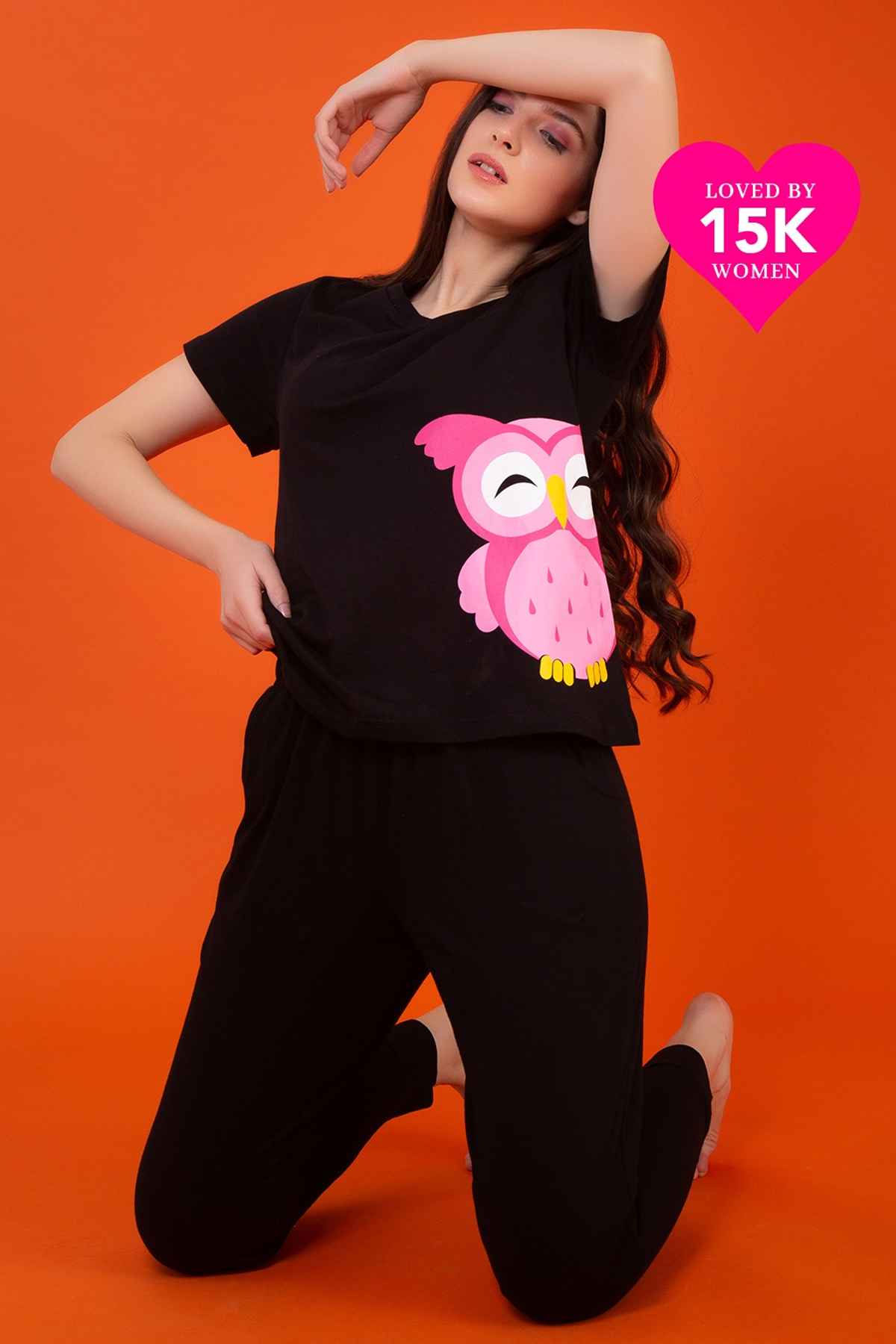 Clovia Owl Print Top & Pyjama - 100% Cotton(Black - L)