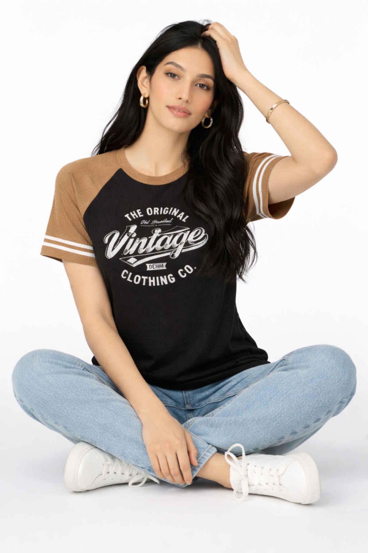 Try This Women's HF Sleeve Graphic Print Round Neck Tshirt | Black & Brown | XL