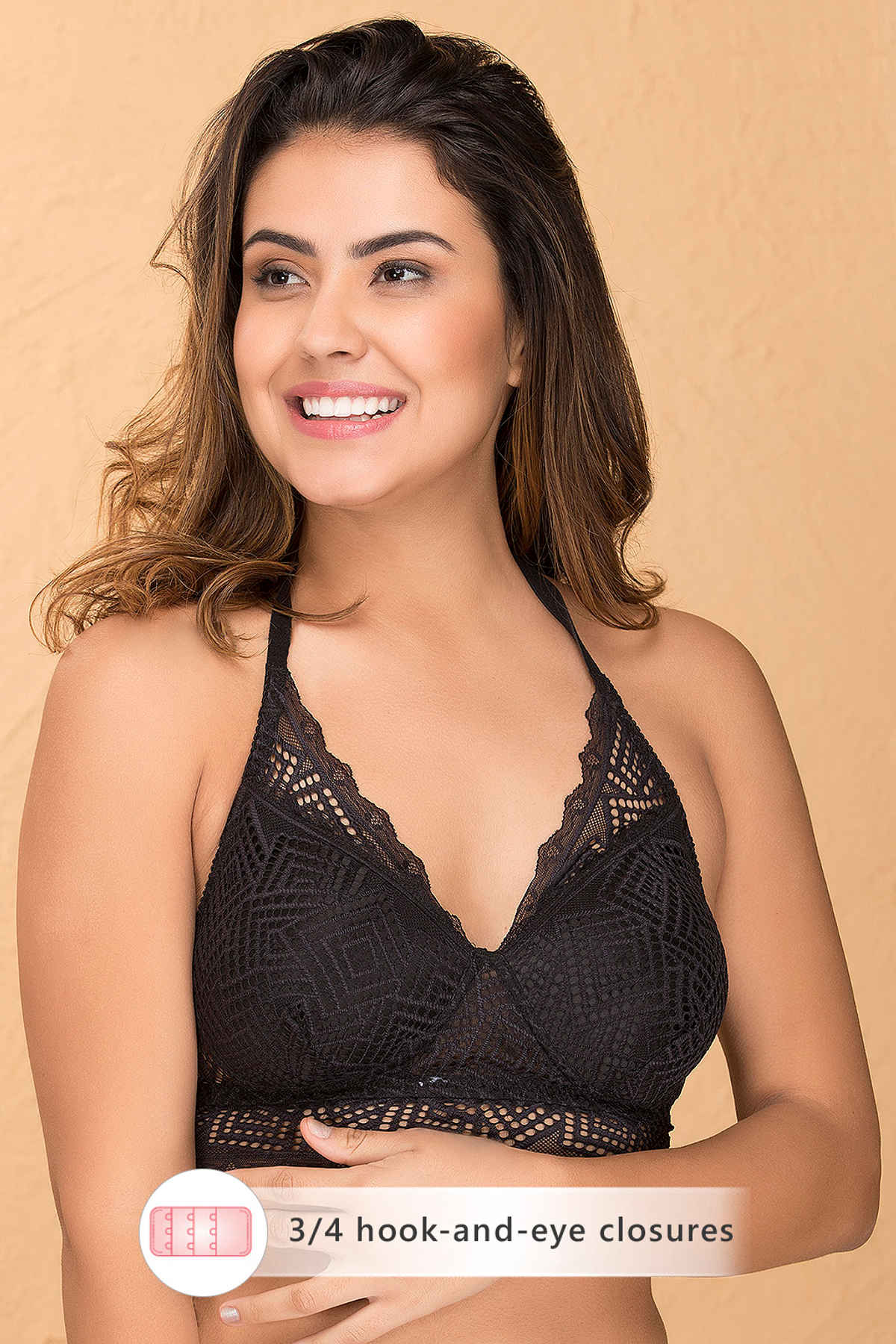 Clovia Women's Lace Padded Non-Wired Full Coverage Halter Neck Longline Bralette | Black - 34B