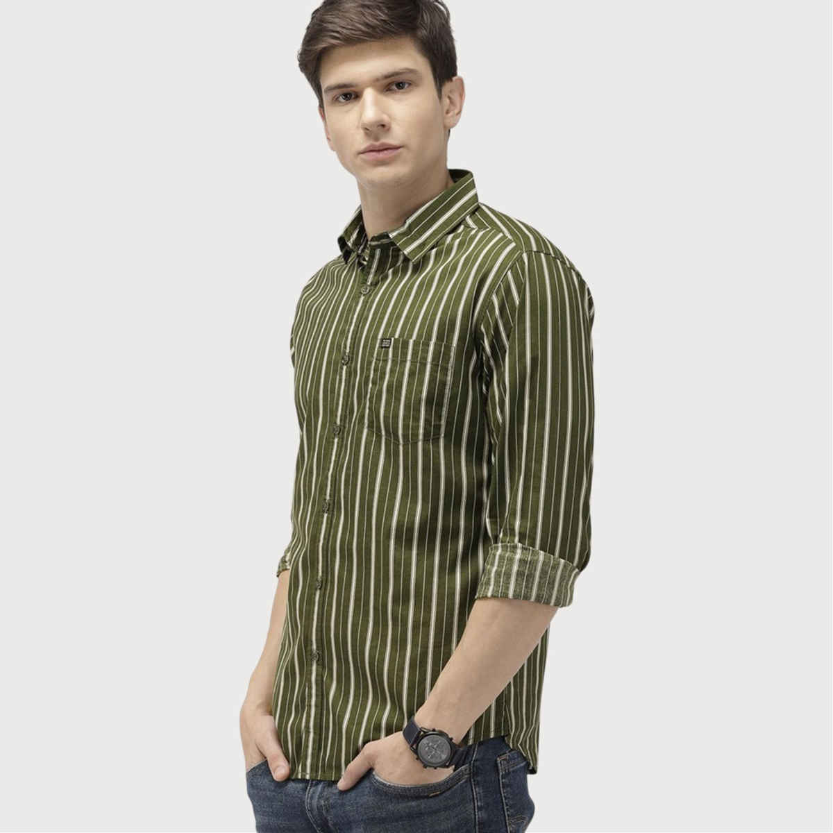 The Indian Garage Co Men's Slim Fit Multi Stripes Casual Shirt | Olive - L