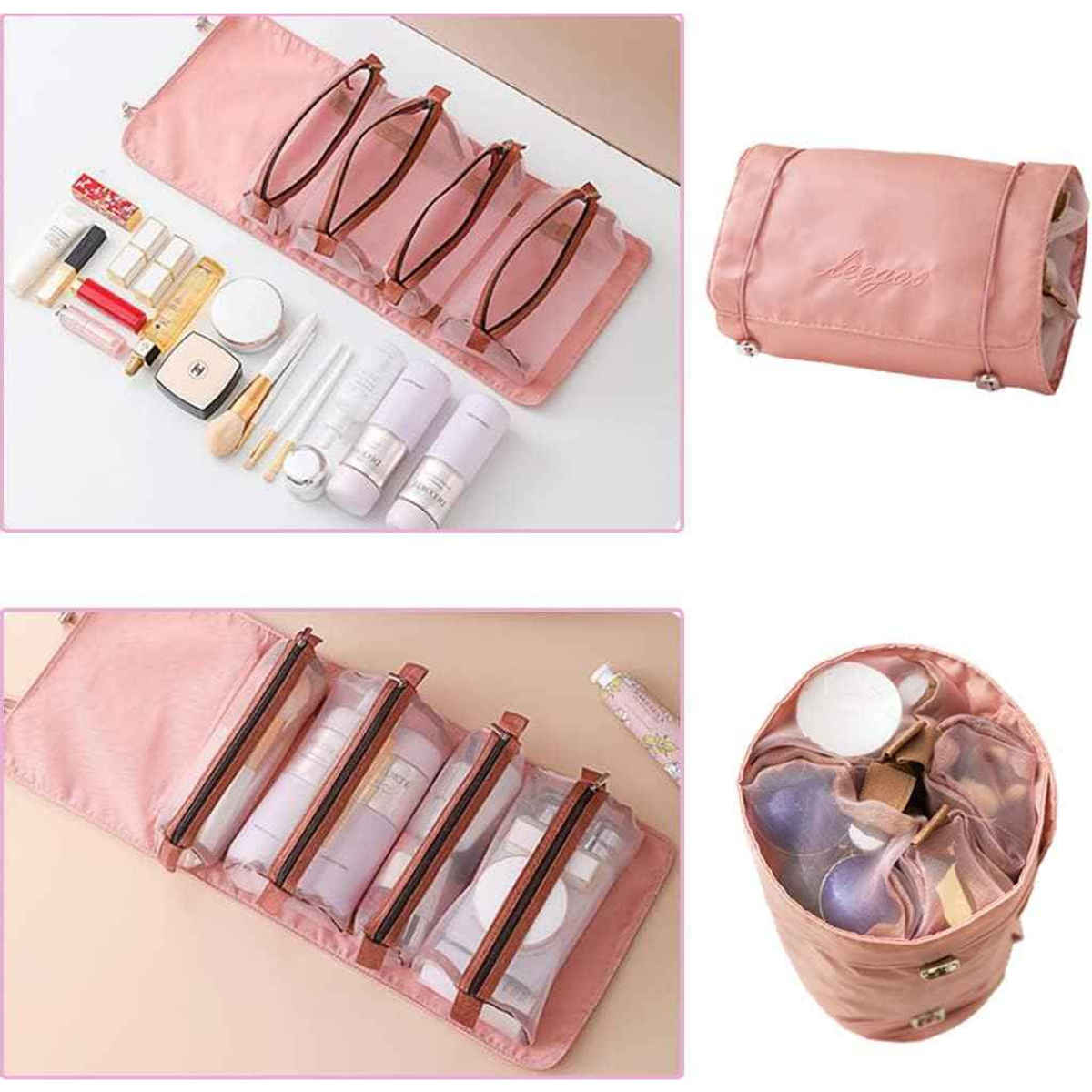 Awestuffs 4 in 1 Hanging Roll Up Toiletry Makeup Bag Waterproof Travel Organizer | Pink
