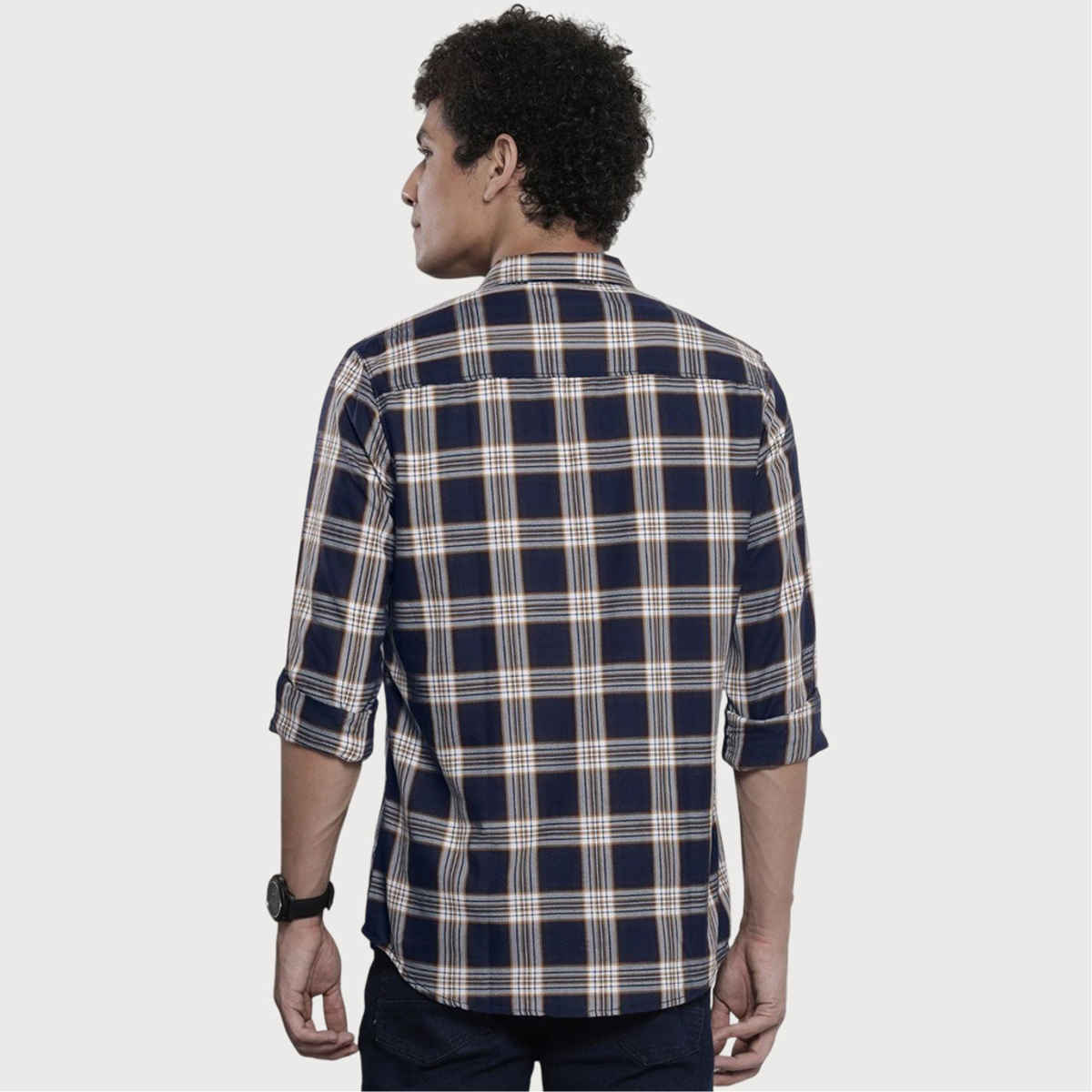 The Indian Garage Co Men's Regular Fit Checkered Casual Shirt | Navy - M