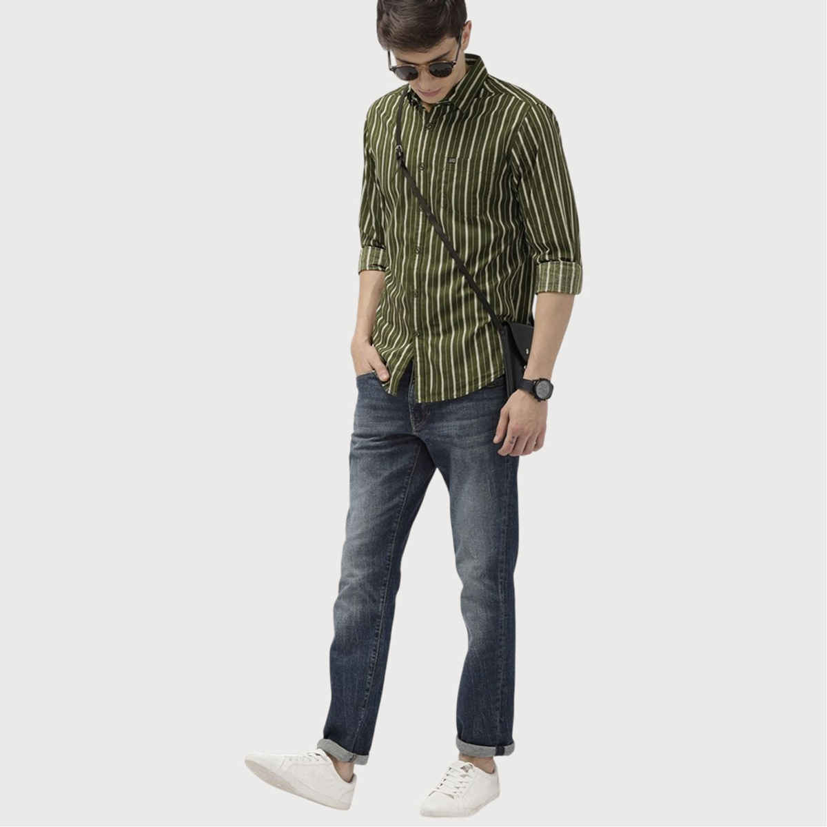 The Indian Garage Co Men's Slim Fit Multi Stripes Casual Shirt | Olive - L