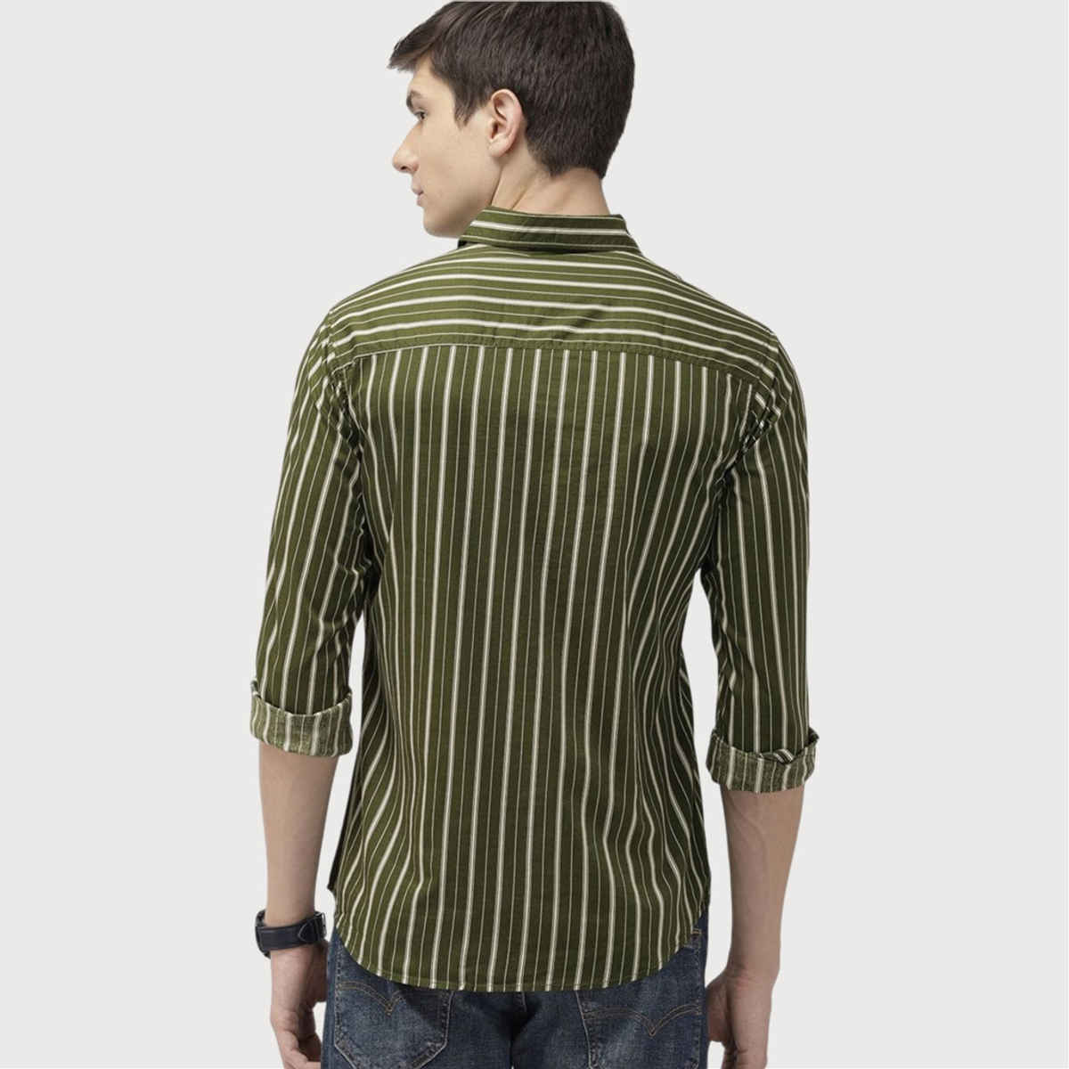 The Indian Garage Co Men's Slim Fit Multi Stripes Casual Shirt | Olive - L