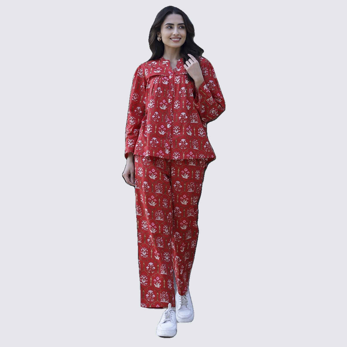Sanskrutihomes Floral Printed Pure Cotton Co-Ords Set | Red - L
