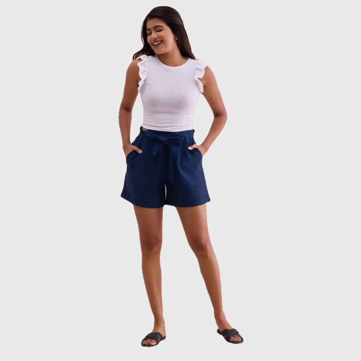 Luxrio Women's Cotton Linen Blended Shorts | WMNSHORTSCF | Navy Blue - XL