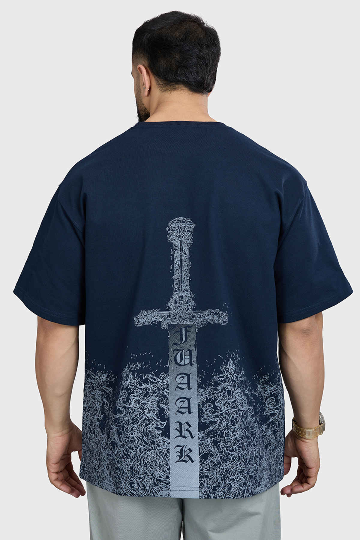 Fuaark Men's Sword Oversized Fit Cotton T-shirt with Front & Back Print | Navy Blue - S