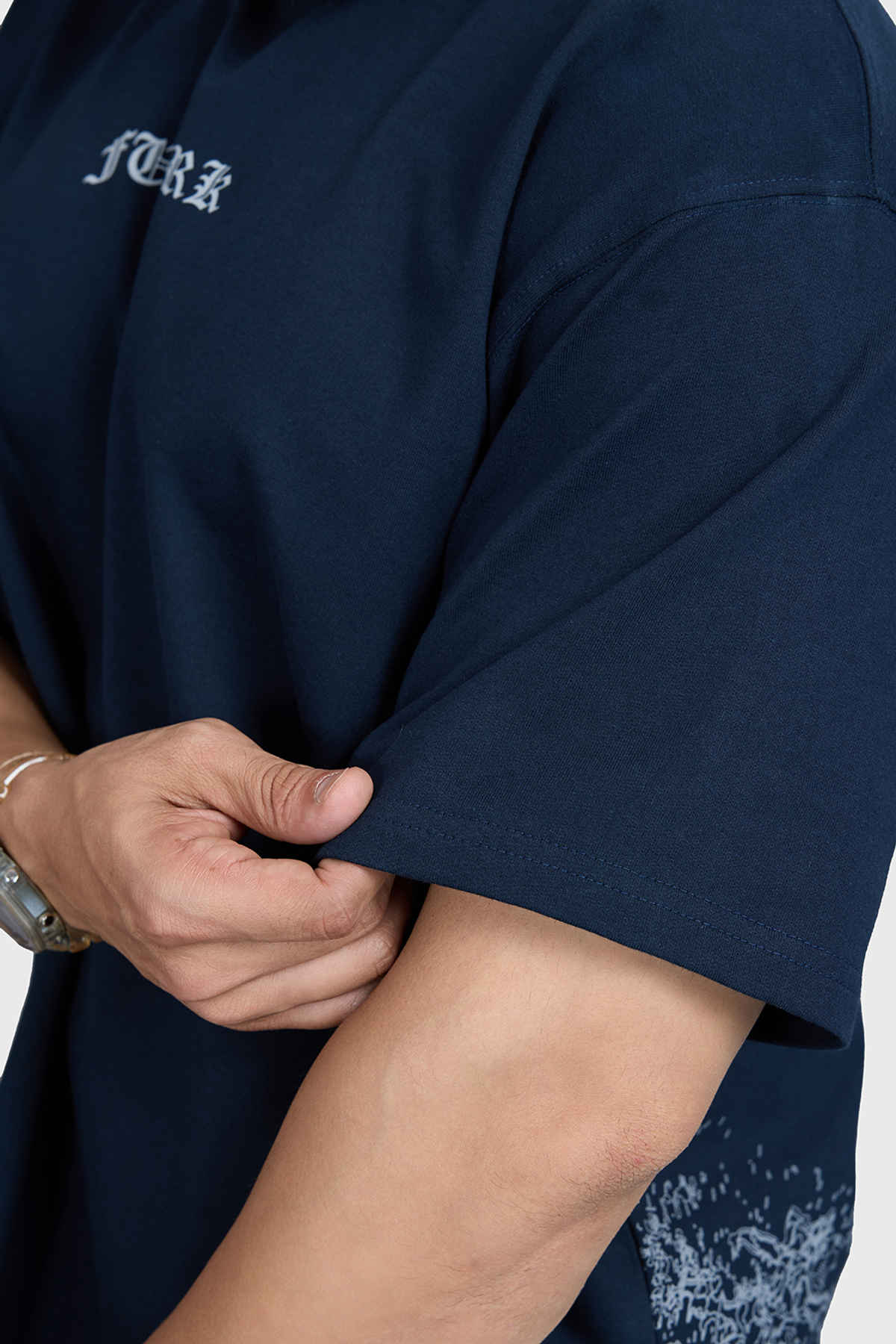 Fuaark Men's Sword Oversized Fit Cotton T-shirt with Front & Back Print | Navy Blue - L