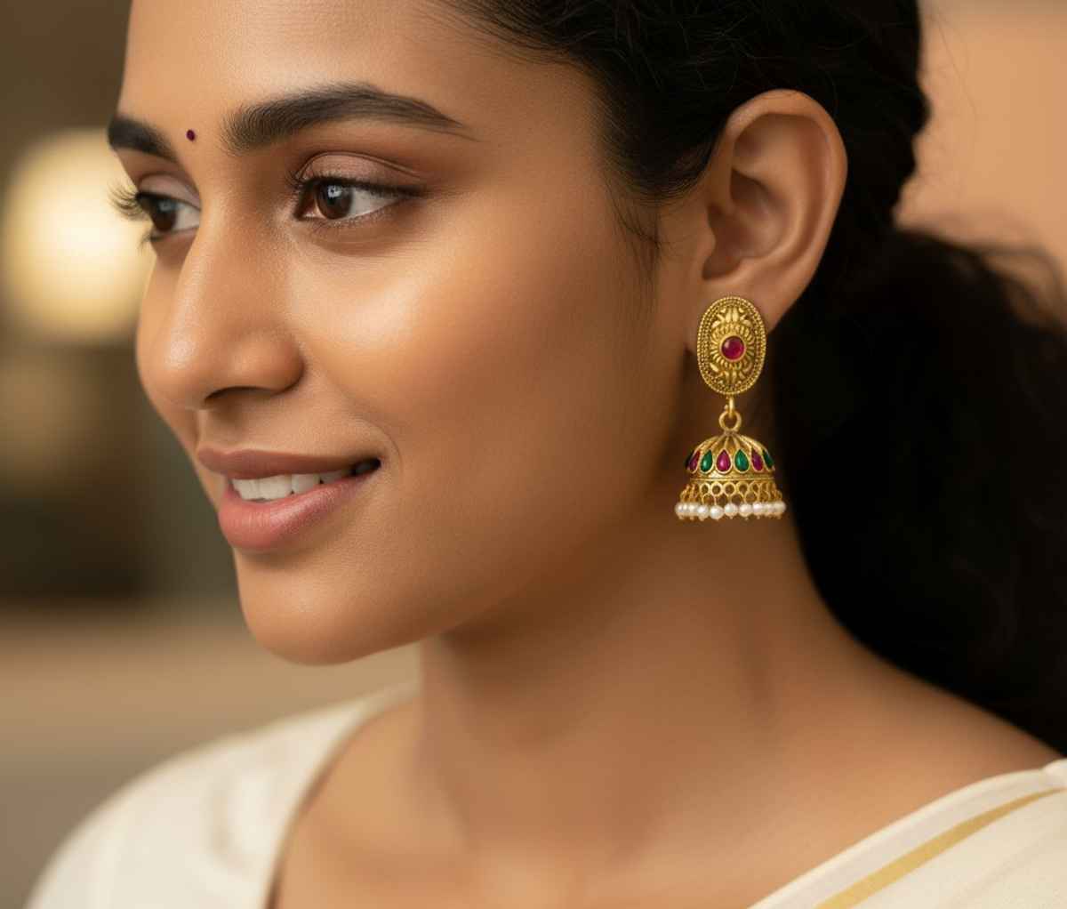 The Opal Factory Earrings Stone Studded Oval Golden Motif Jhumki Earrings with Pearl Hangings |Gold