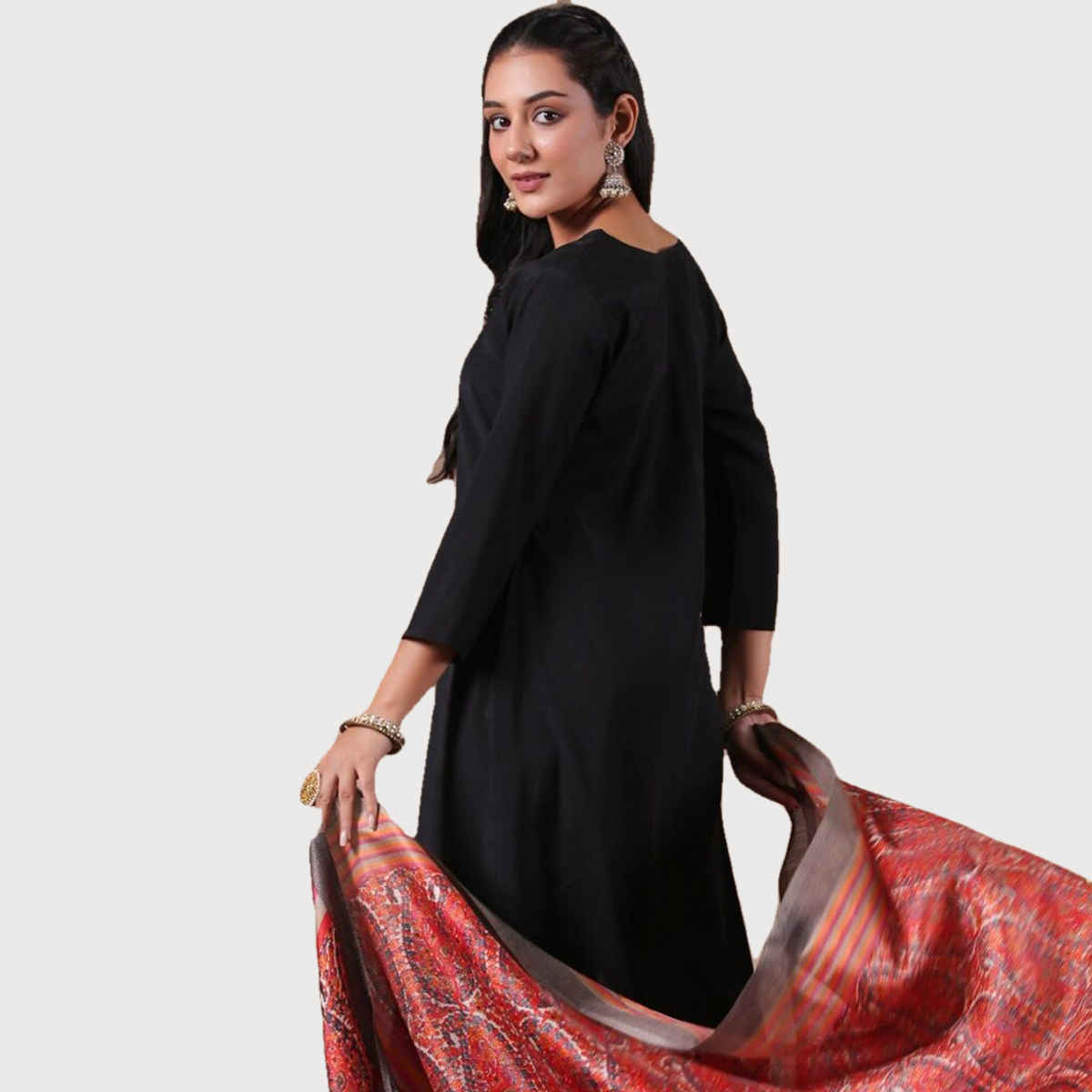 Ishin Women Straight Ethnic Poly Silk Kurta Set with Dupatta | INWSDAW231073 | Black - L
