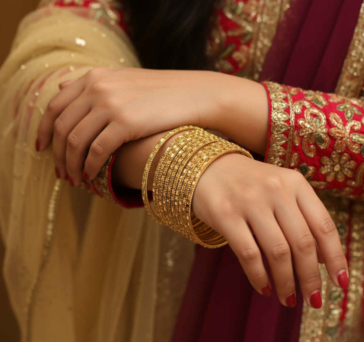 The Opal Factory Metal Bangles with Shimmering Golden Texture Pattern | Gold - Size 2.8