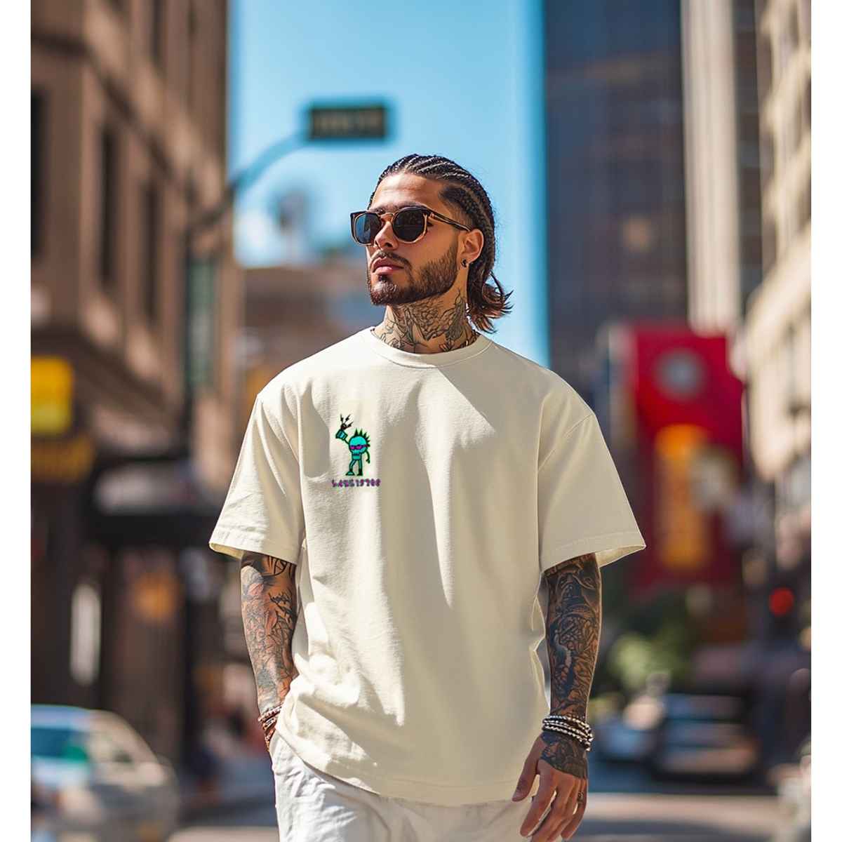 VEIRDO Men's Printed Oversized T-shirt | OS 100 LT1970 SW | Swan White - L