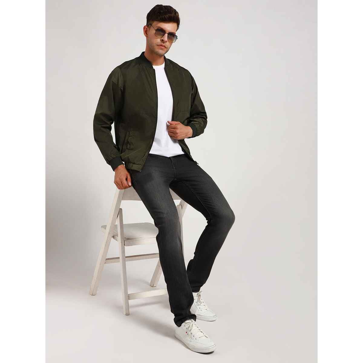 Dennis Lingo Men's Rib Collar Regular Fit Solid Green Jacket | Dlmjkw23022 - Gn | XL