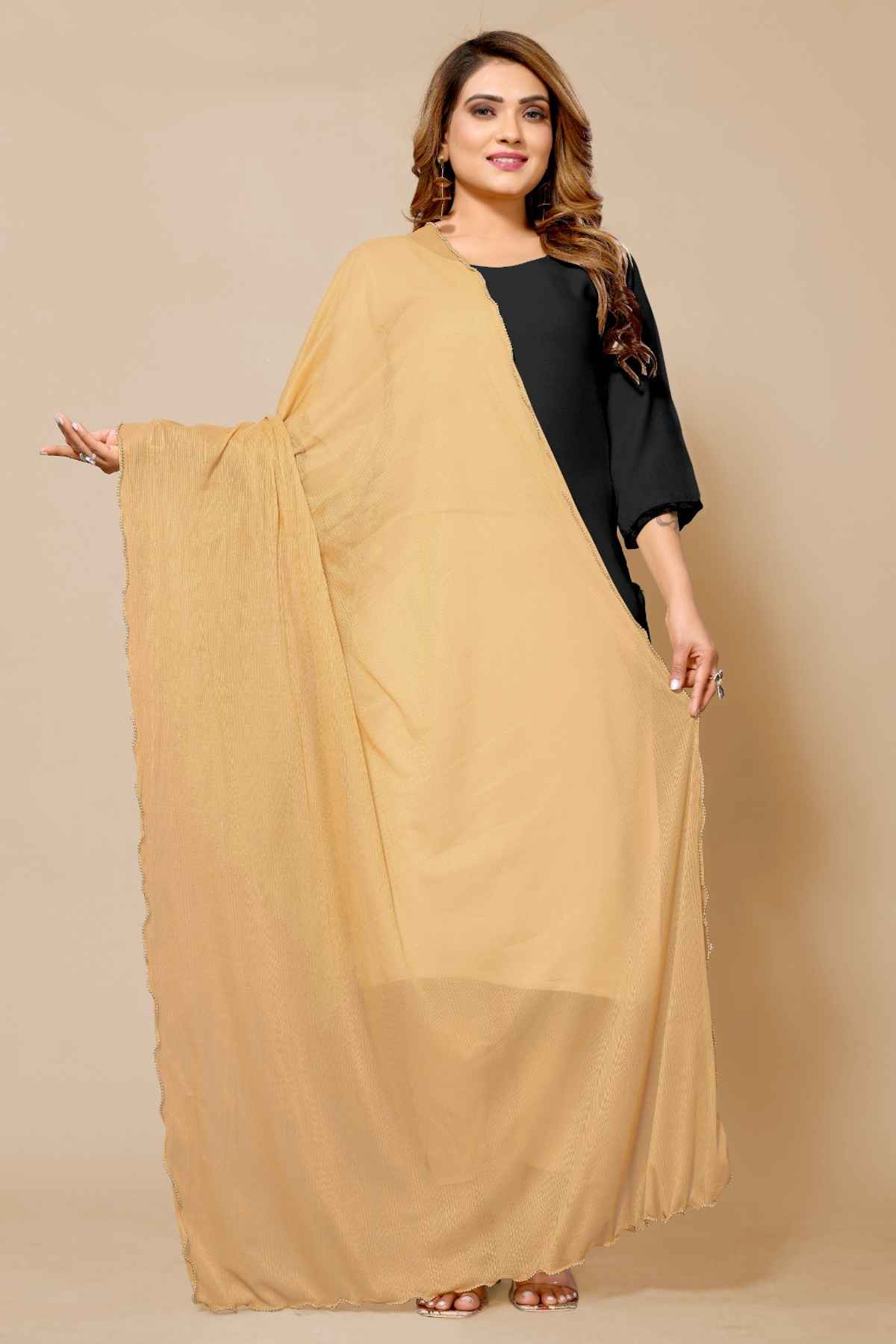 Fabflick Women's Elegant Lycra Solid Dupatta with Moti Embellished Border | Beige