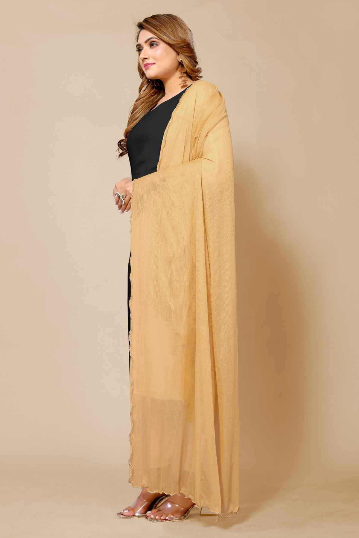 Fabflick Women's Elegant Lycra Solid Dupatta with Moti Embellished Border | Beige