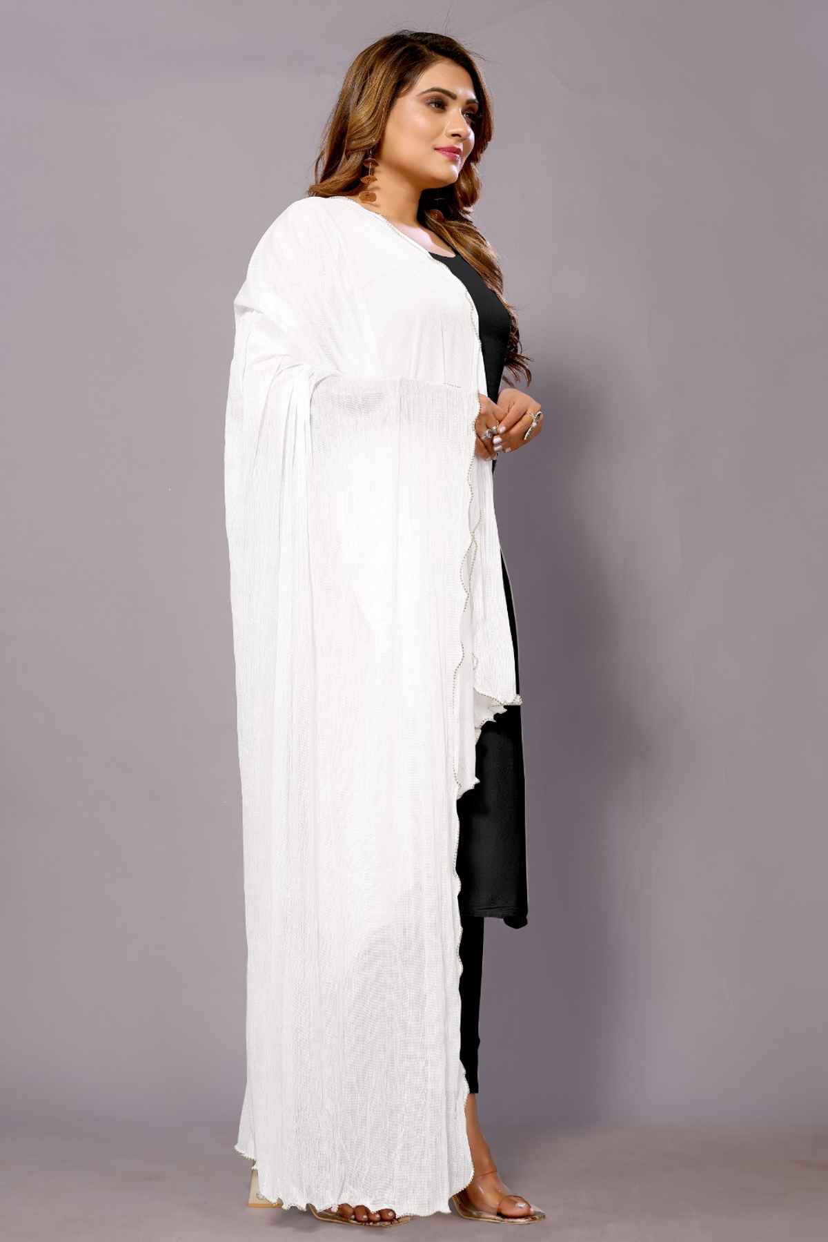 Fabflick Elegant Lycra Solid Dupatta for Women with Moti Embellished Border | White