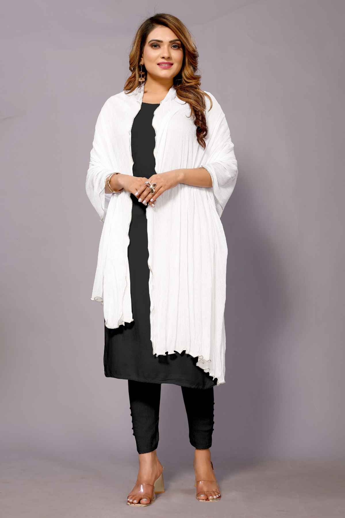 Fabflick Elegant Lycra Solid Dupatta for Women with Moti Embellished Border | White