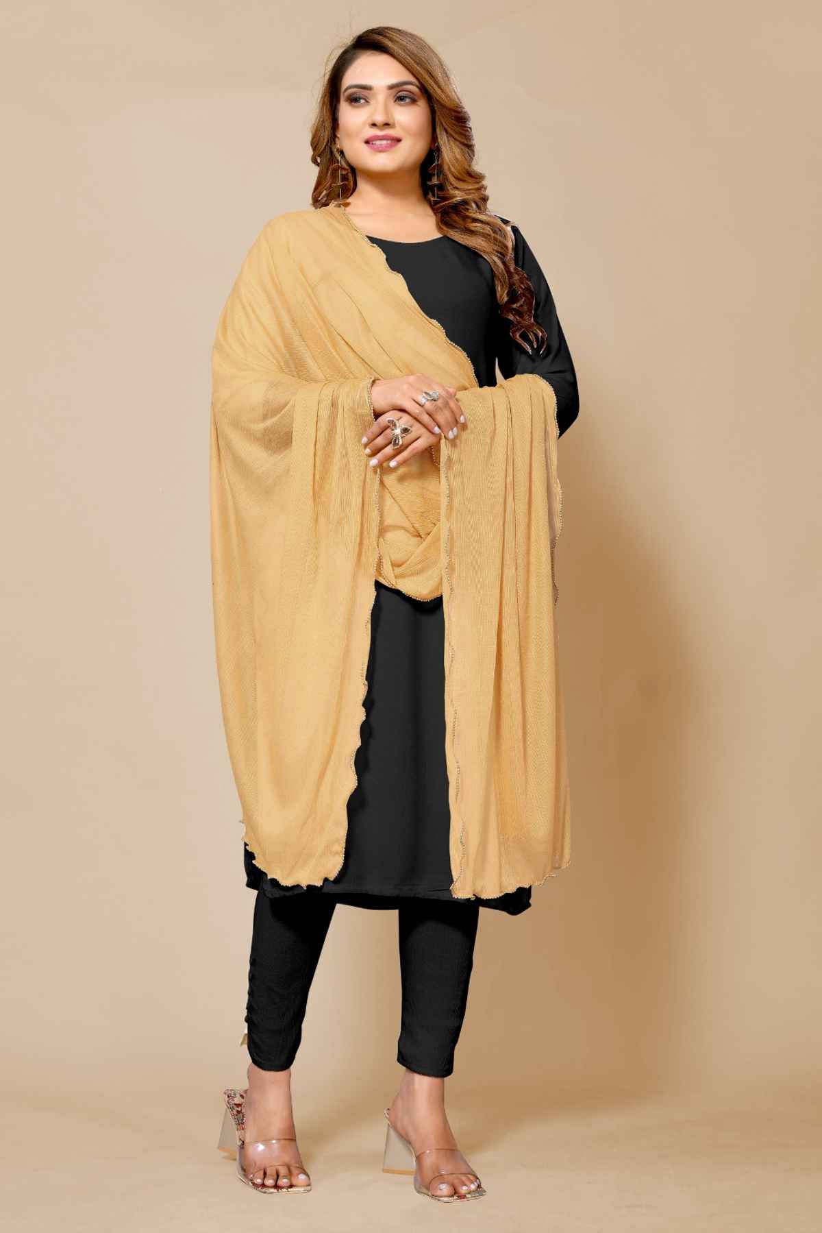 Fabflick Women's Elegant Lycra Solid Dupatta with Moti Embellished Border | Beige