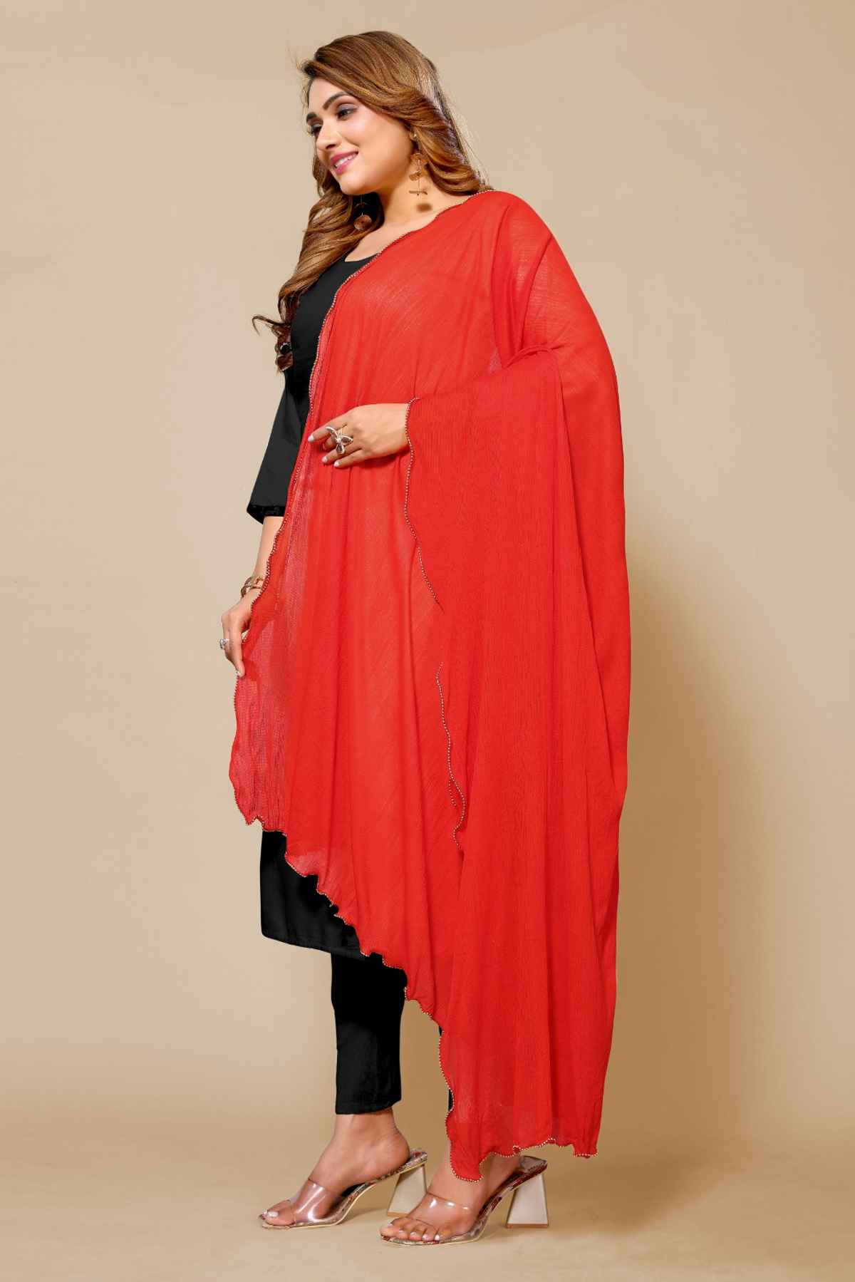 Fabflick Women's Elegant Lycra Solid Dupatta with Moti Embellished Border | Red